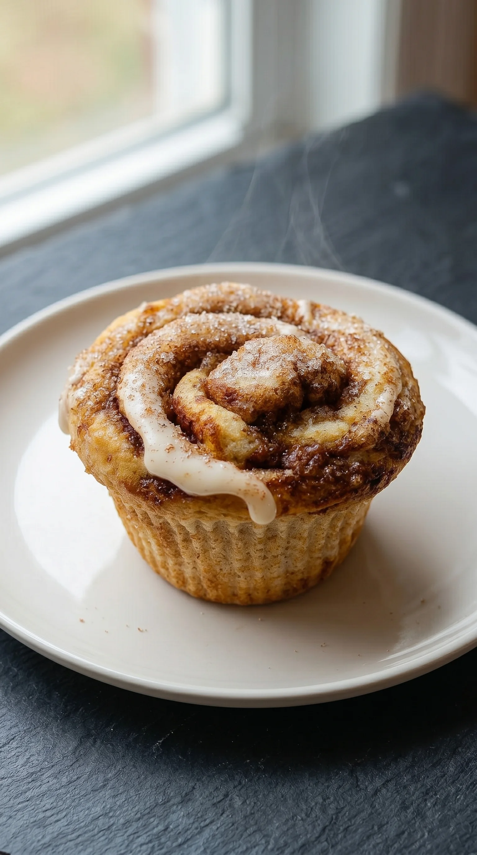 A cinnamon roll with frosting on a plate.