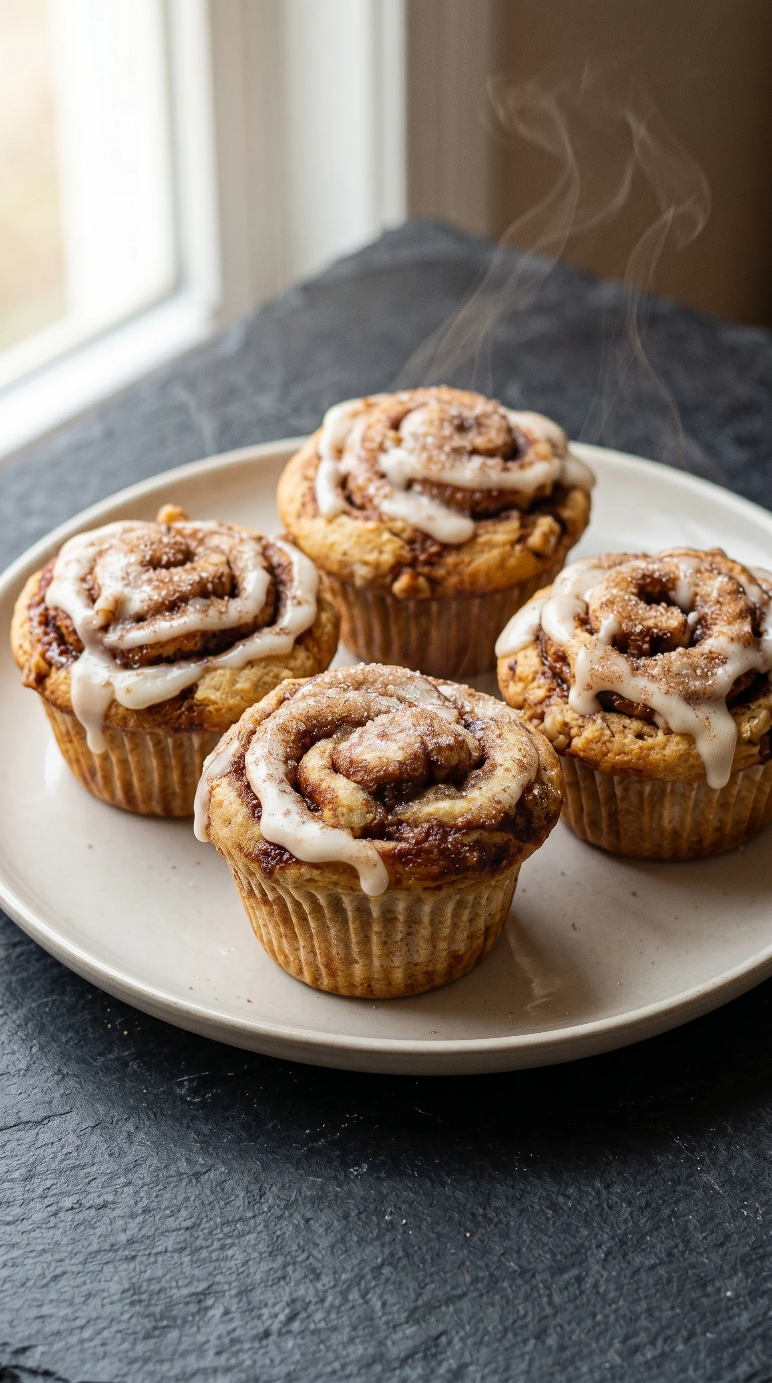 A plate of cinnamon roll protein muffins.