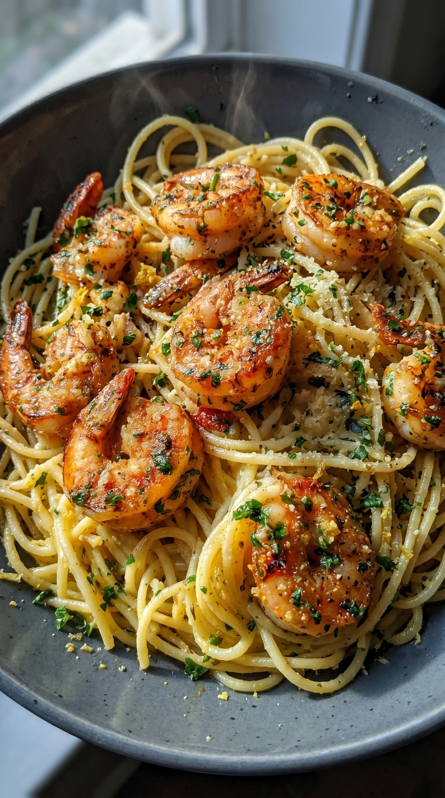 A bowl of pasta with shrimp and herbs.