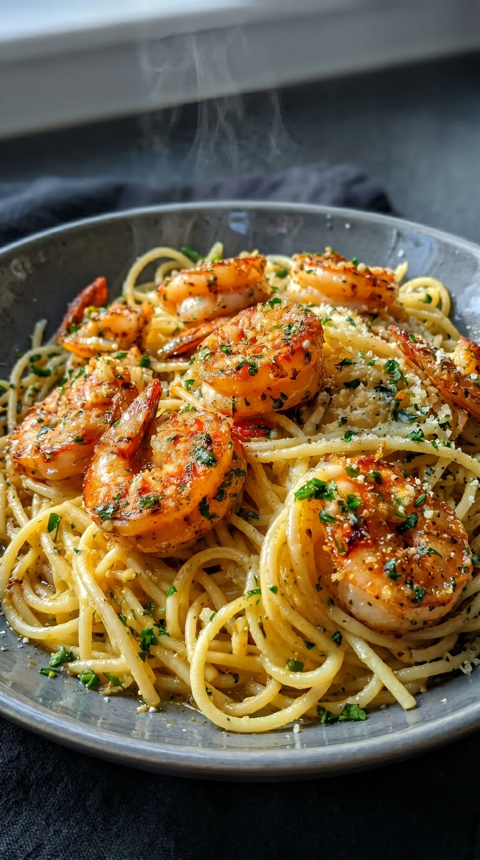 A bowl of pasta with shrimp and butter.