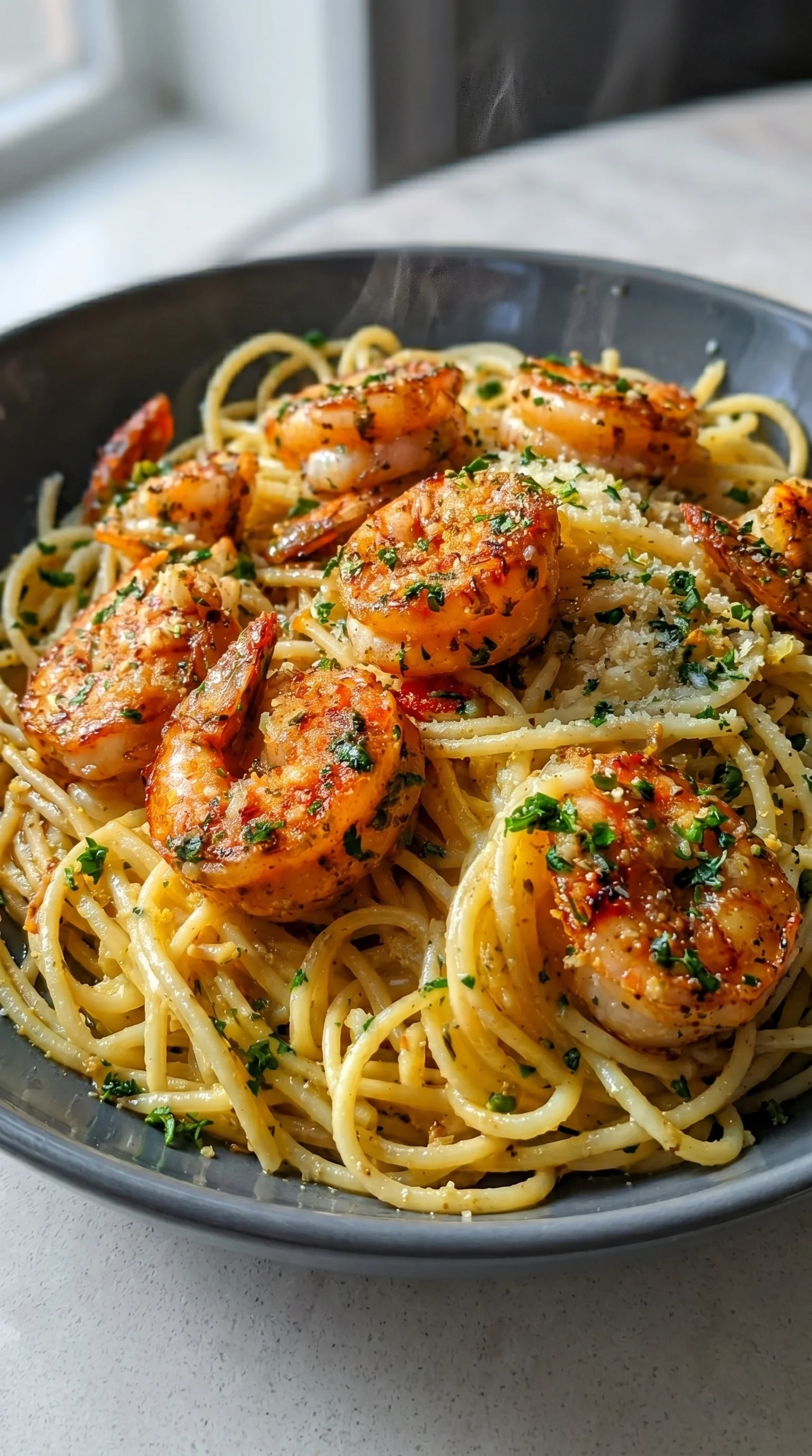 A bowl of pasta with shrimp and butter.