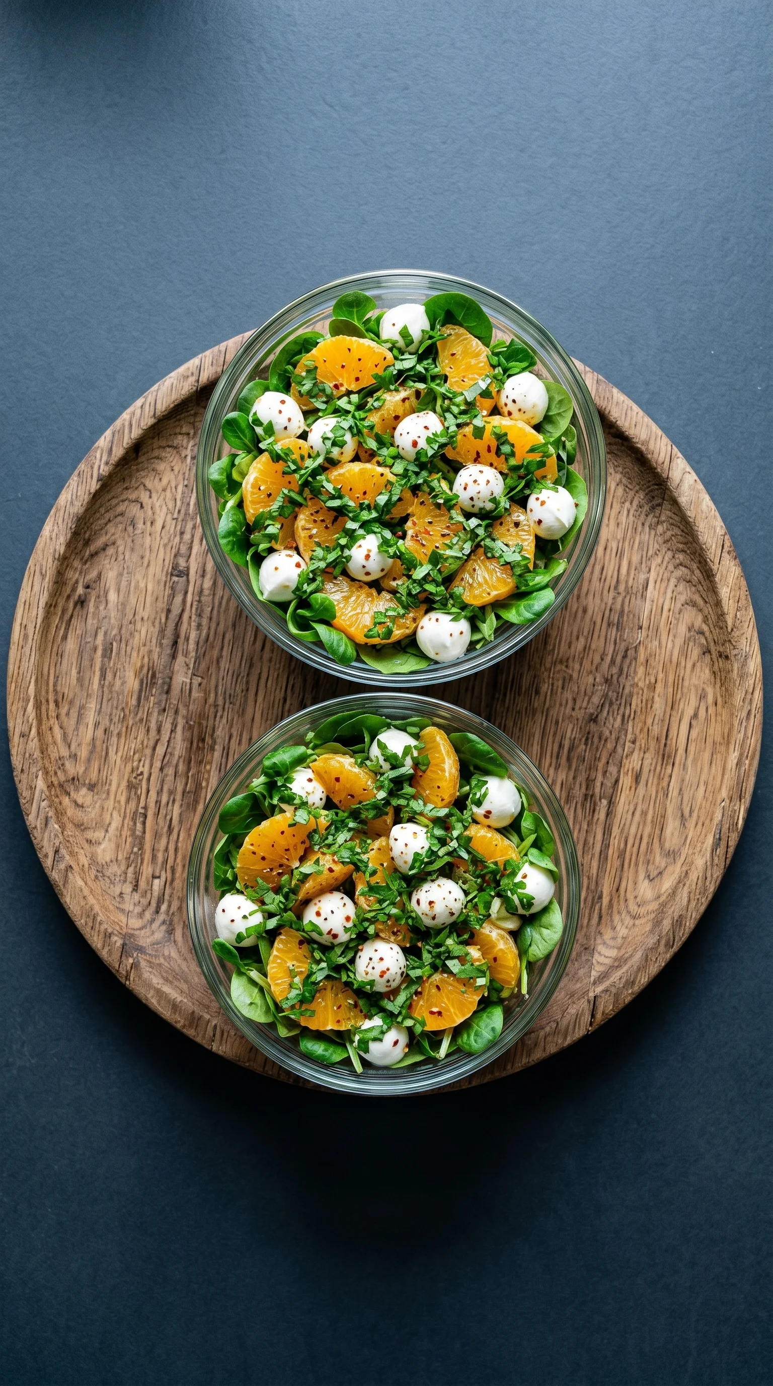 Two bowls of salad with oranges and cheese.