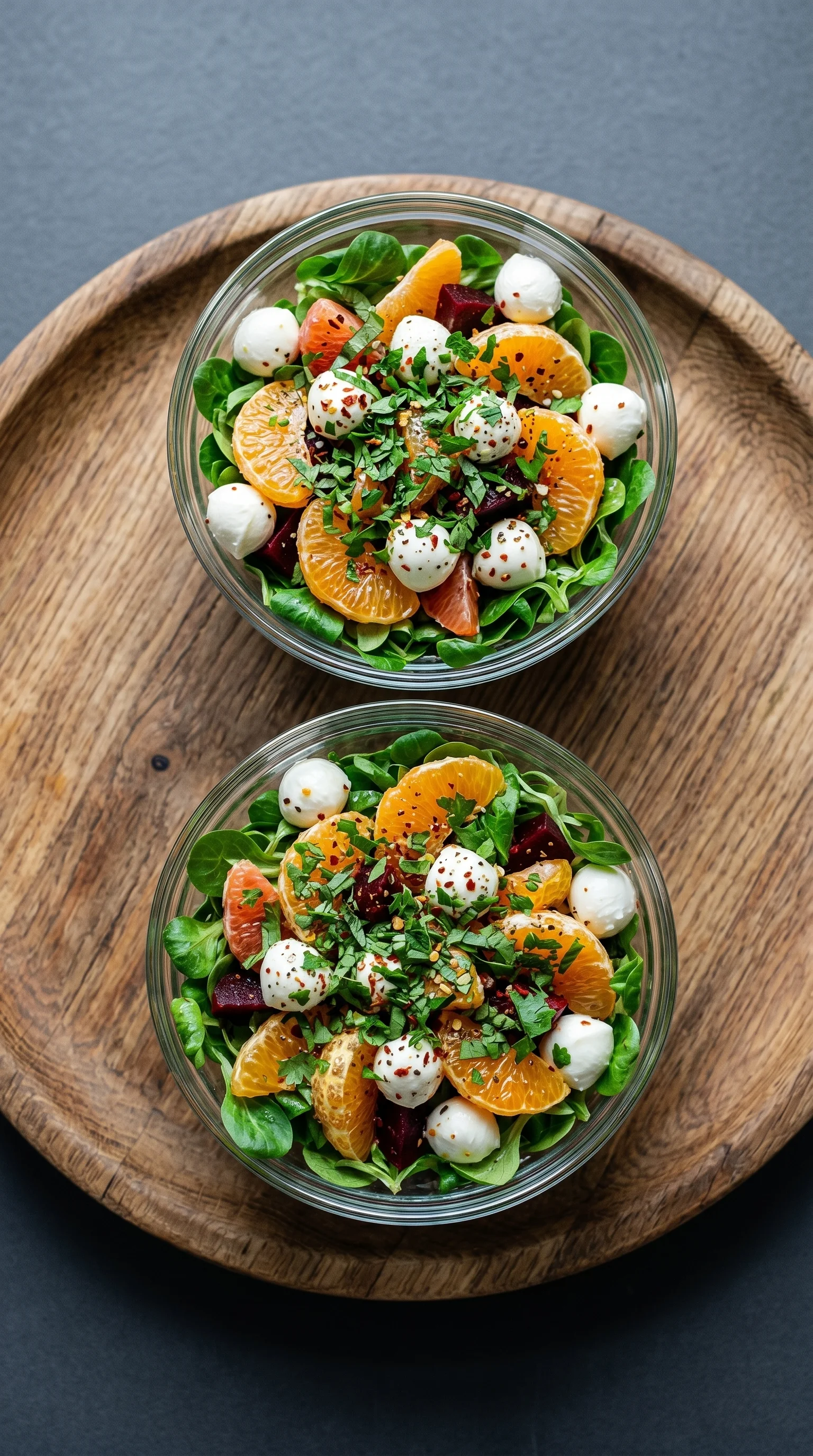 Two bowls of salad with oranges and mozzarella cheese.