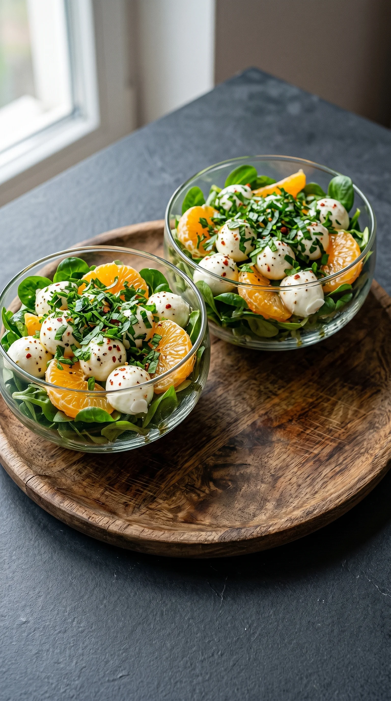 Two bowls of salad with oranges and mozzarella.