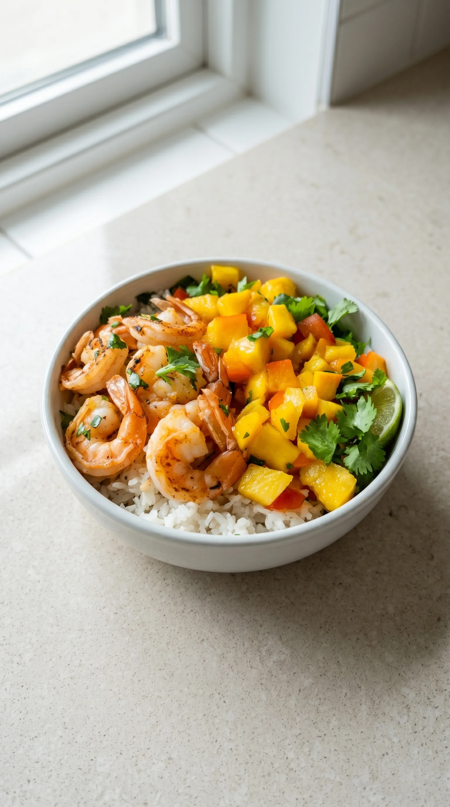 A bowl of shrimp and mango salsa rice.
