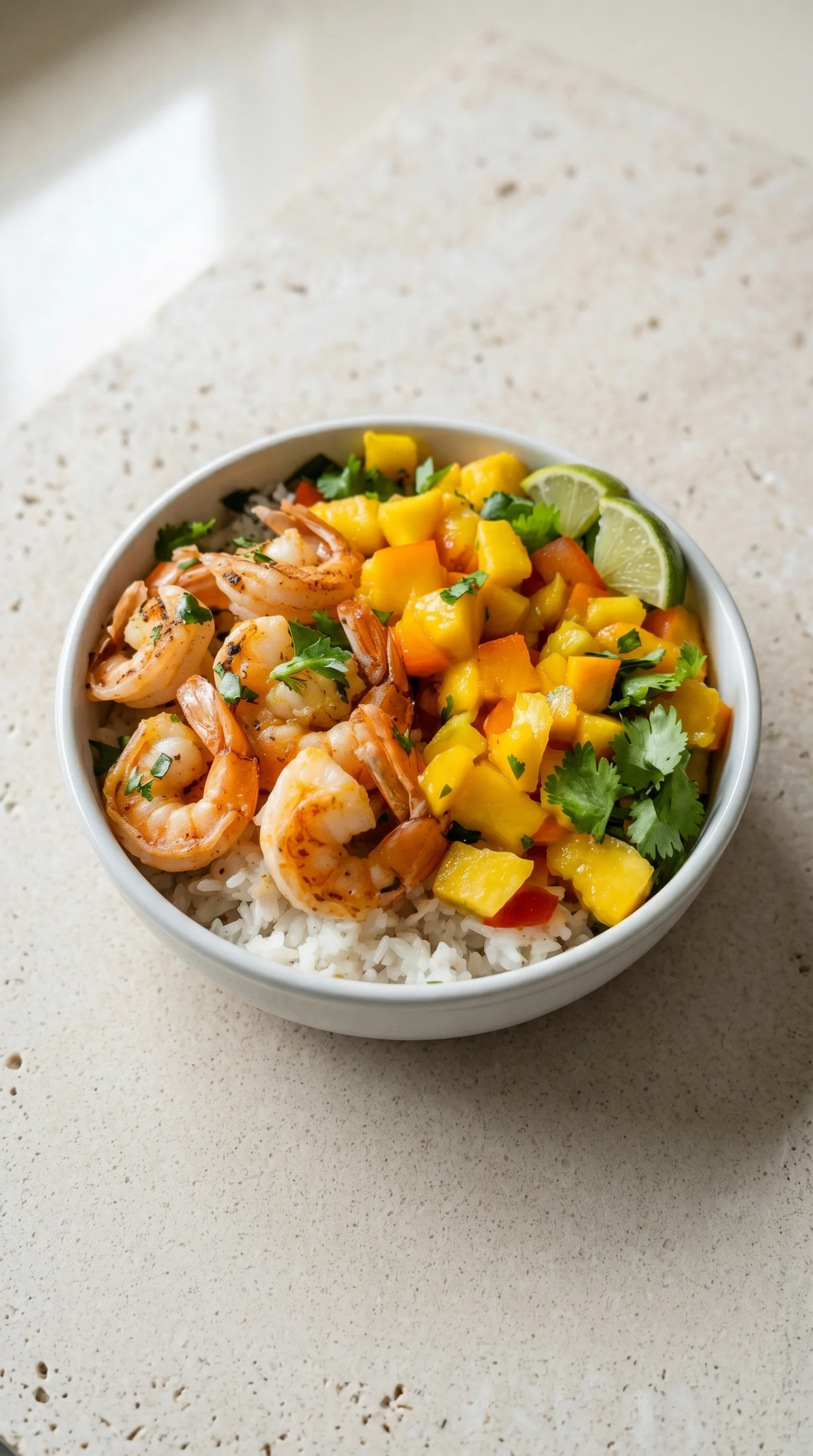A bowl of shrimp and mango salsa rice.