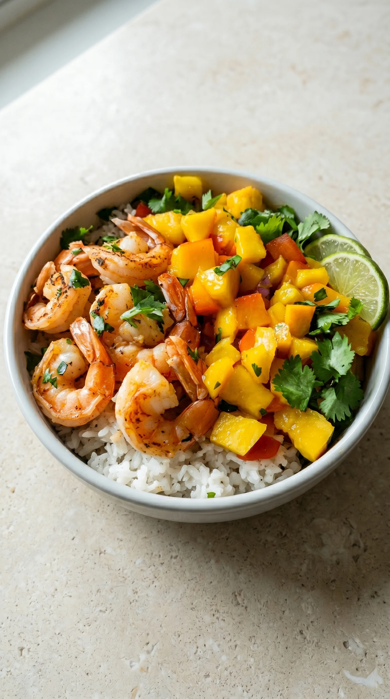 A bowl of shrimp and mango salsa rice.