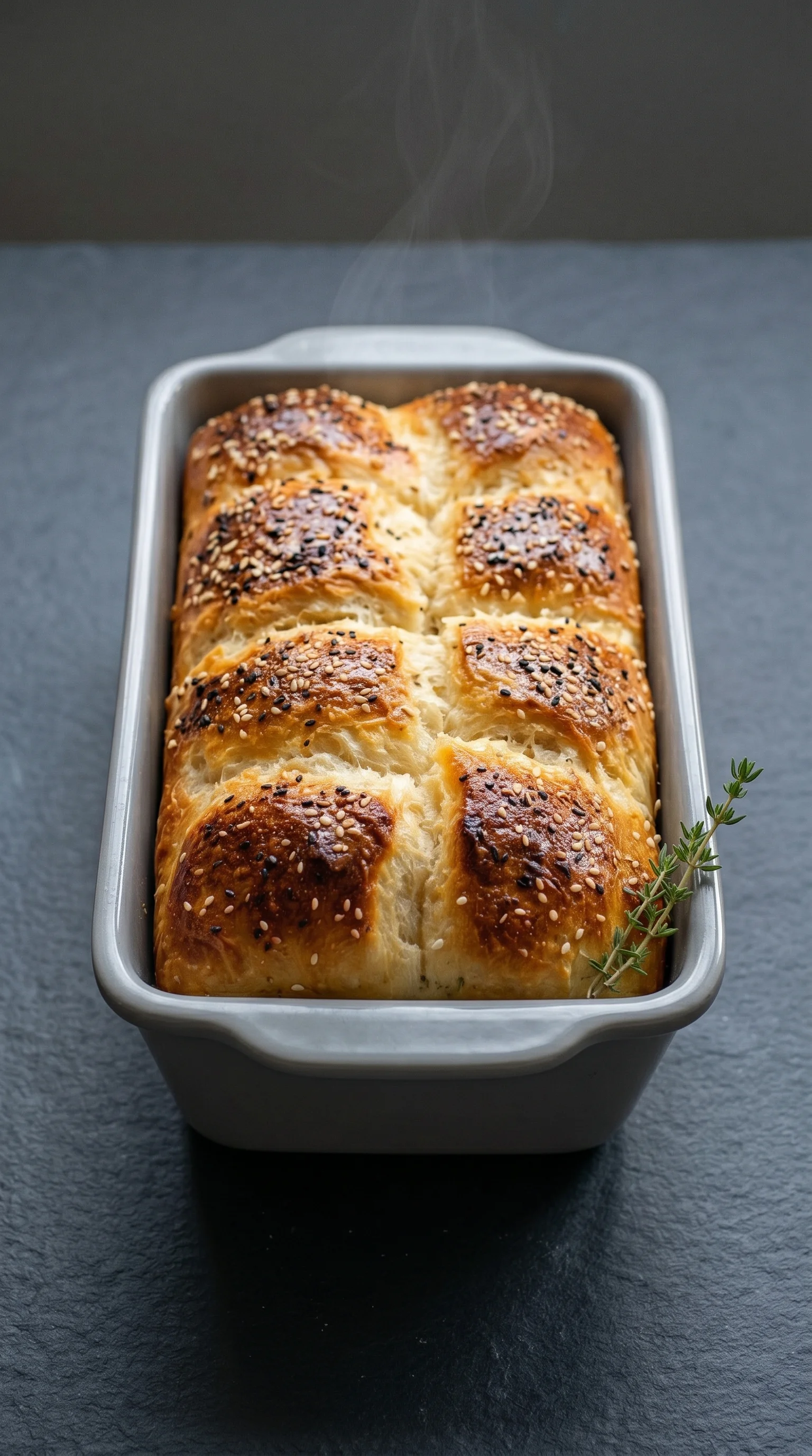 A tray of bread with seeds on top.