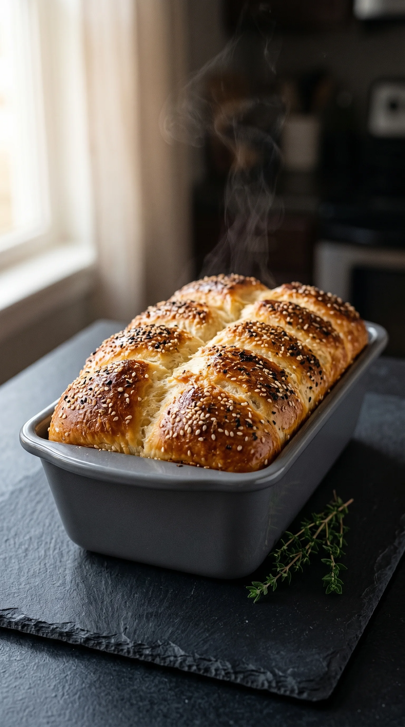 A loaf of bread with sesame seeds on top.