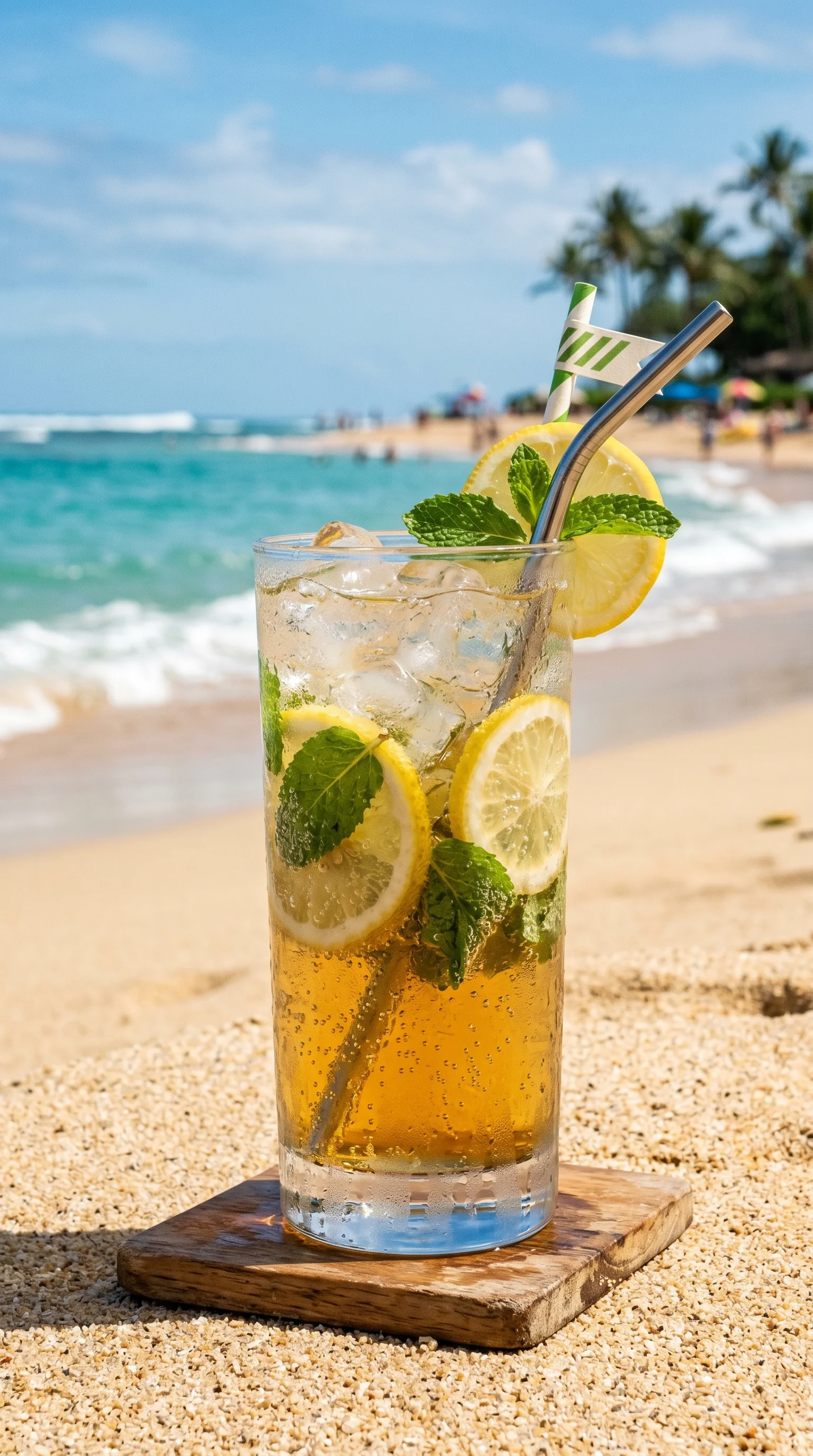 A glass of lemonade with a straw in it.
