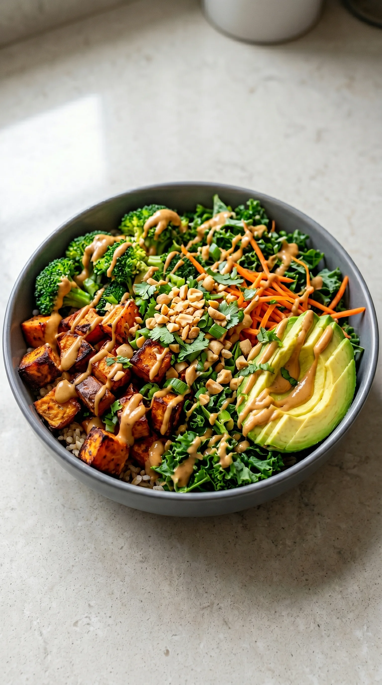 A bowl of food with a variety of ingredients including broccoli, carrots, and avocado.