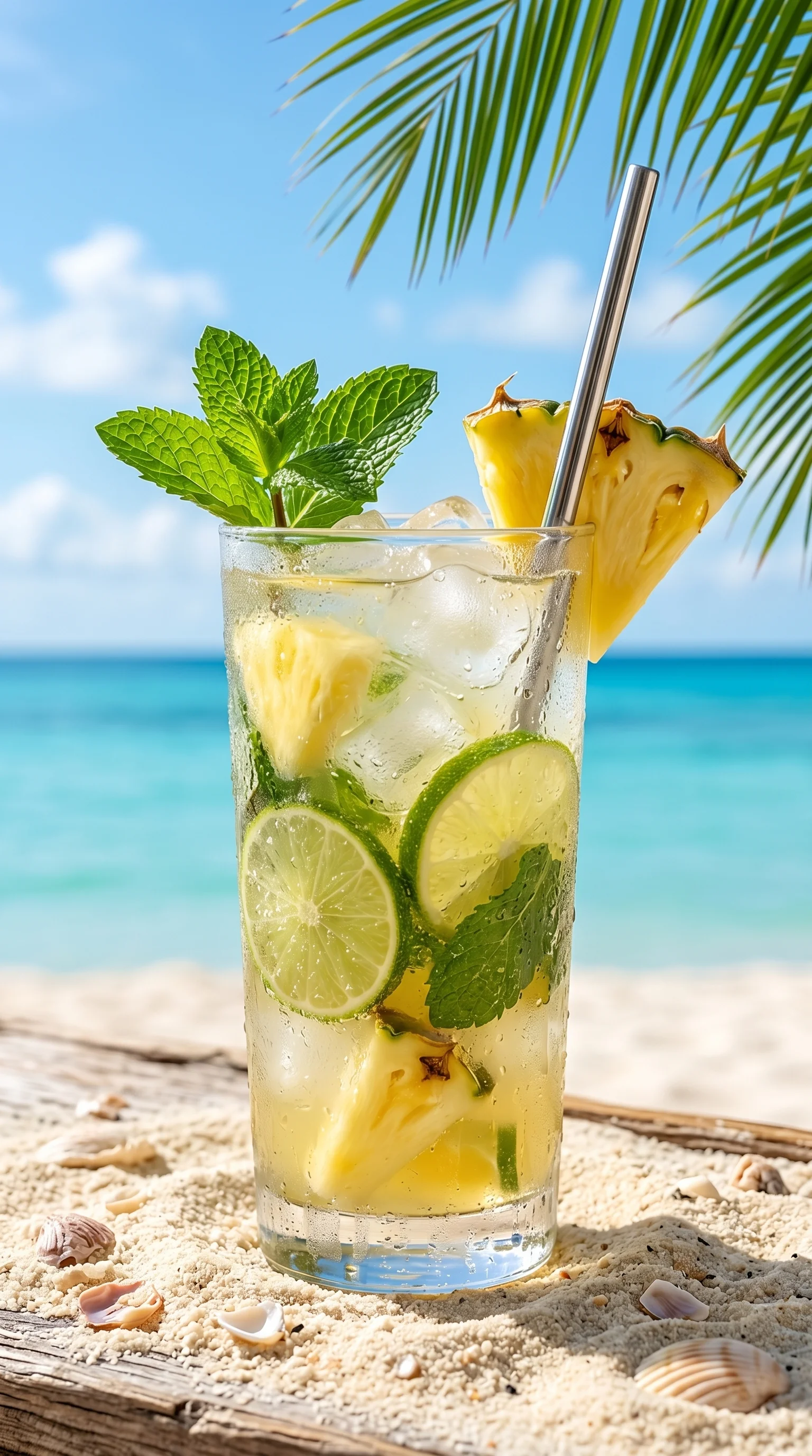 A glass of tropical pineapple mint breeze.