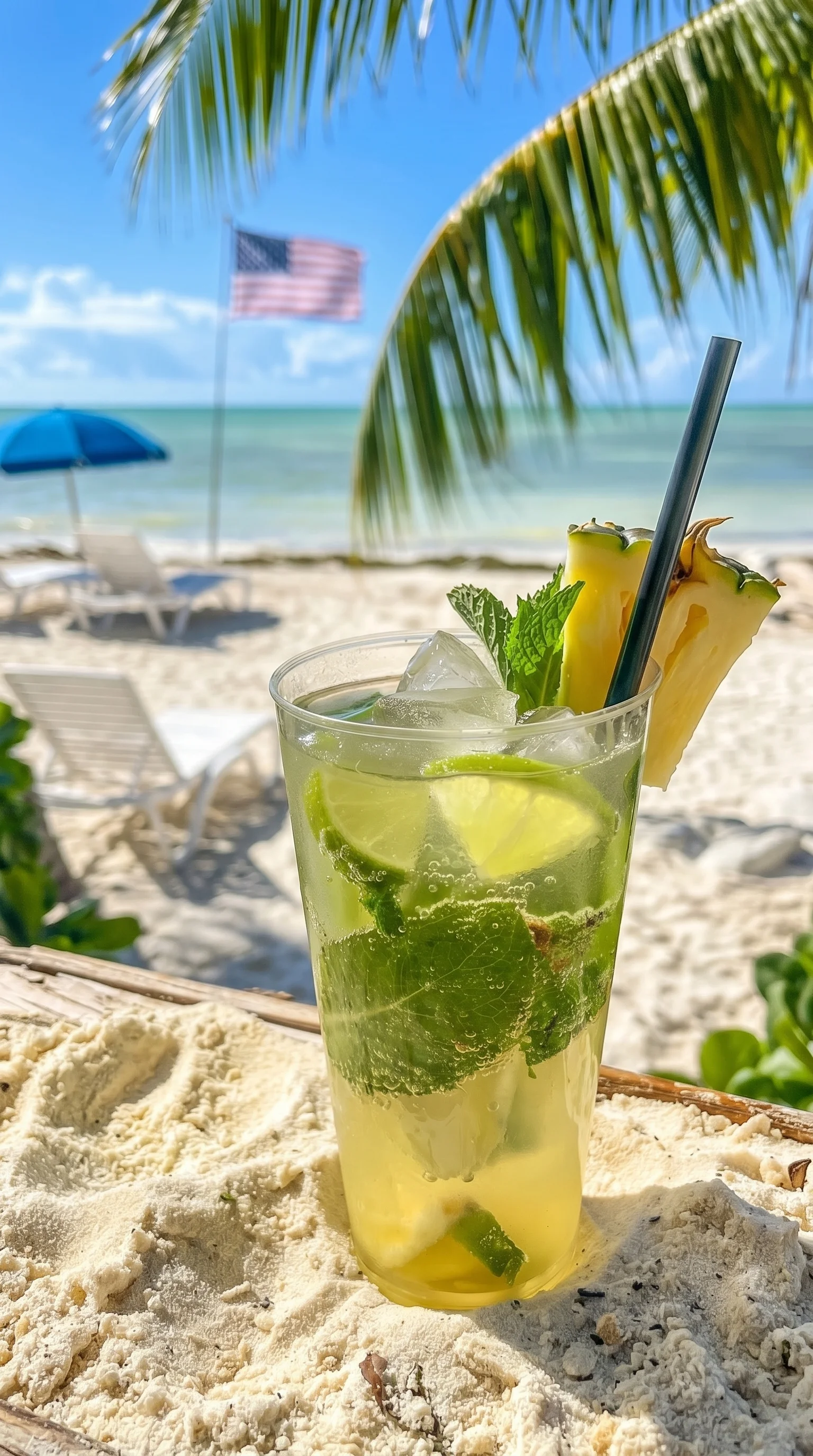 A tropical pineapple mint breeze drink with a straw.