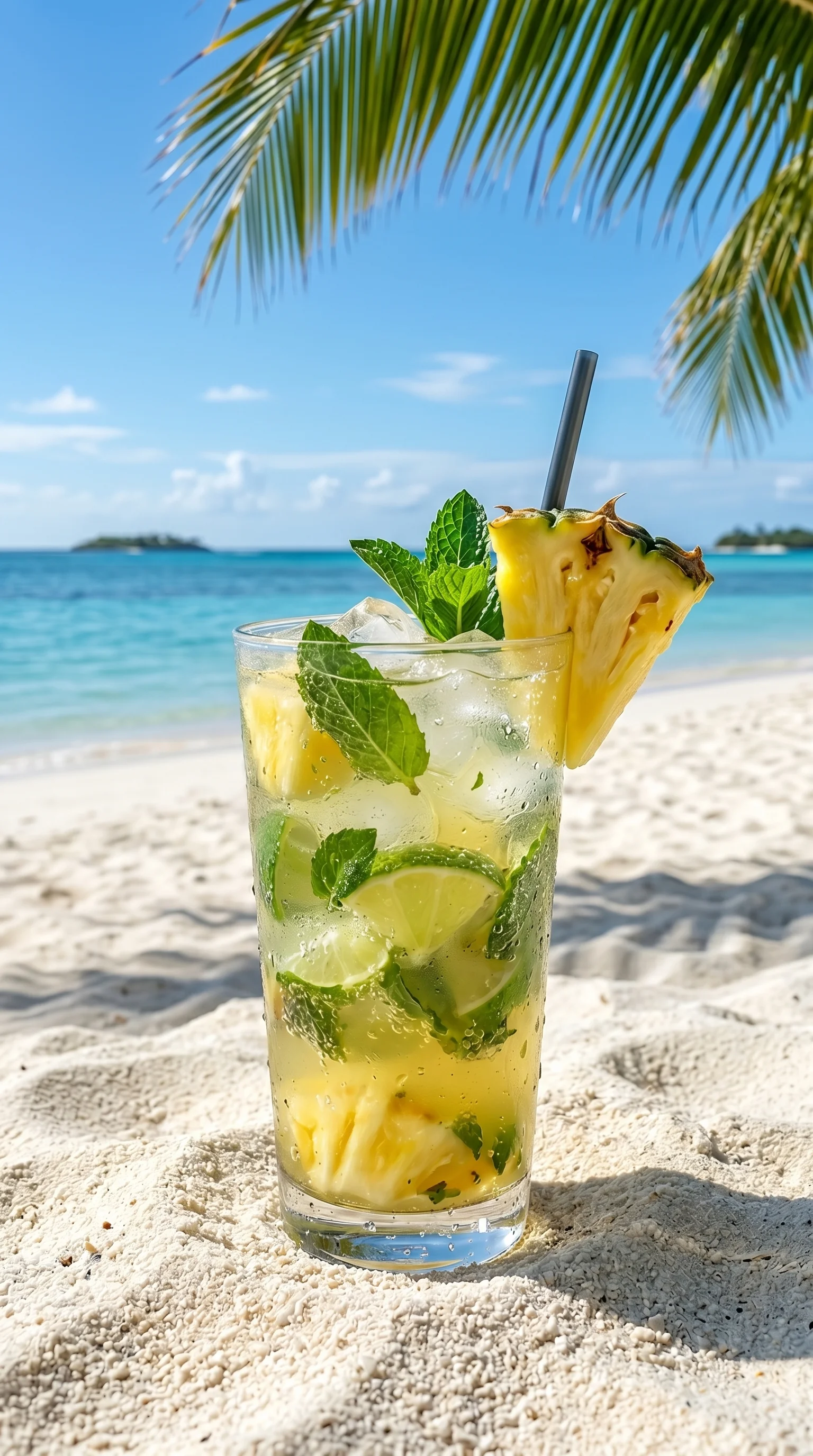 A glass of tropical pineapple mint breeze.