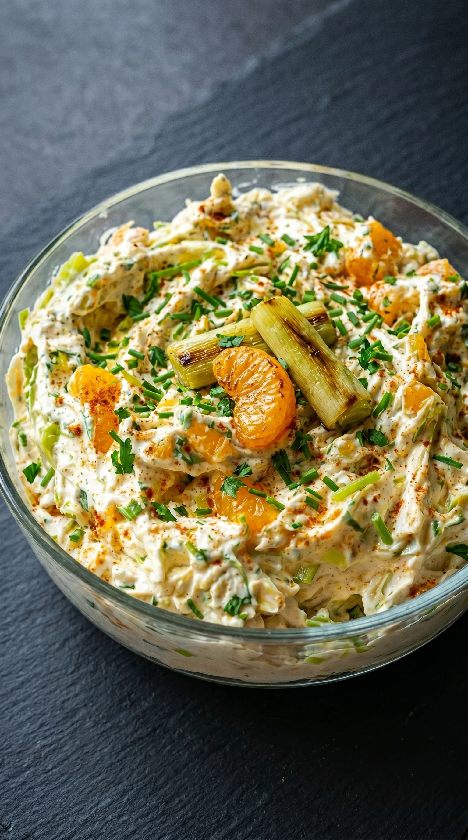 A bowl of food with a slice of orange on top.