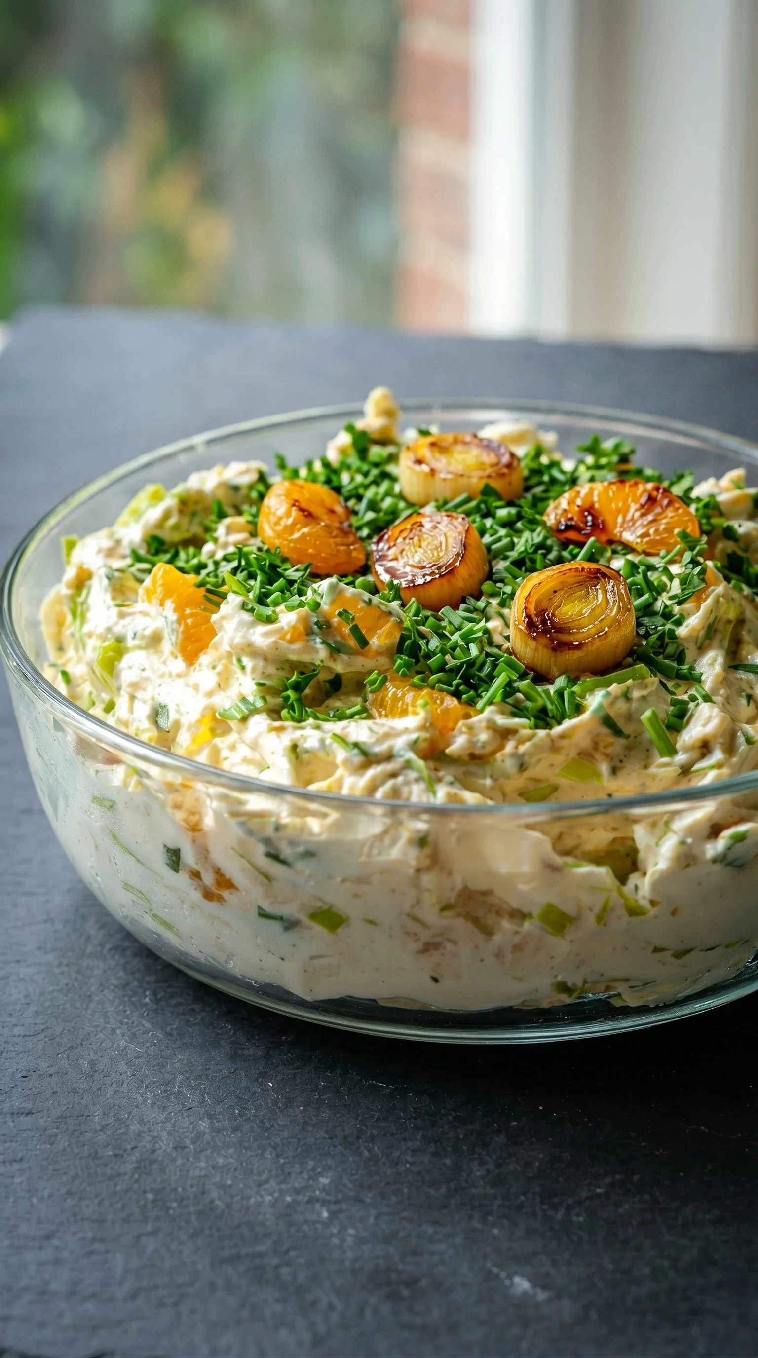 A bowl of food with a green topping.
