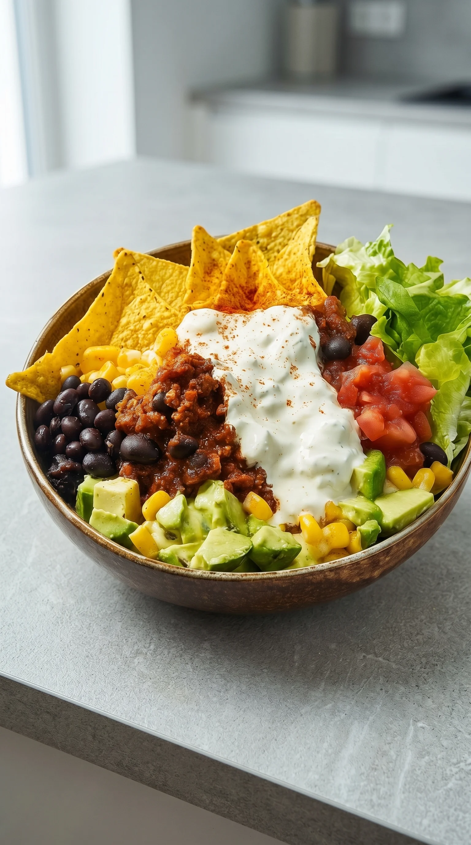 A bowl of food with a burrito and chips.