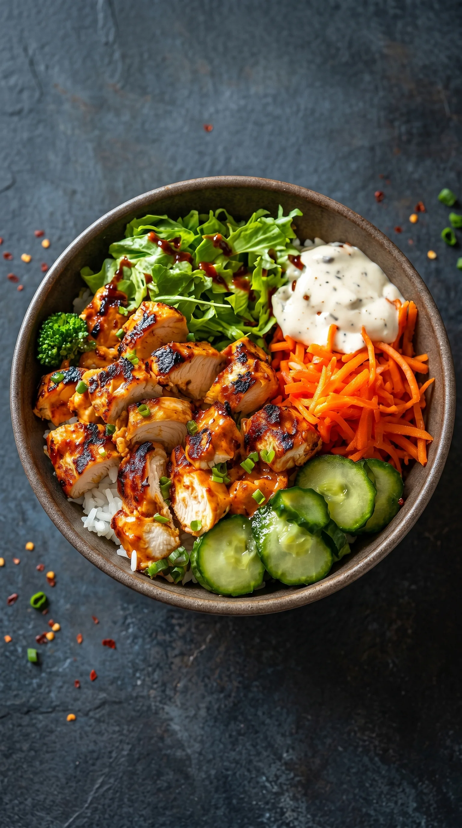A bowl of food with chicken, cucumbers, and carrots.