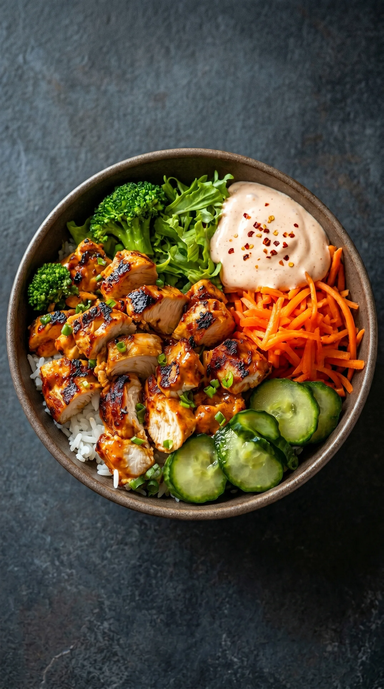 A bowl of food with chicken, broccoli, carrots, and cucumbers.