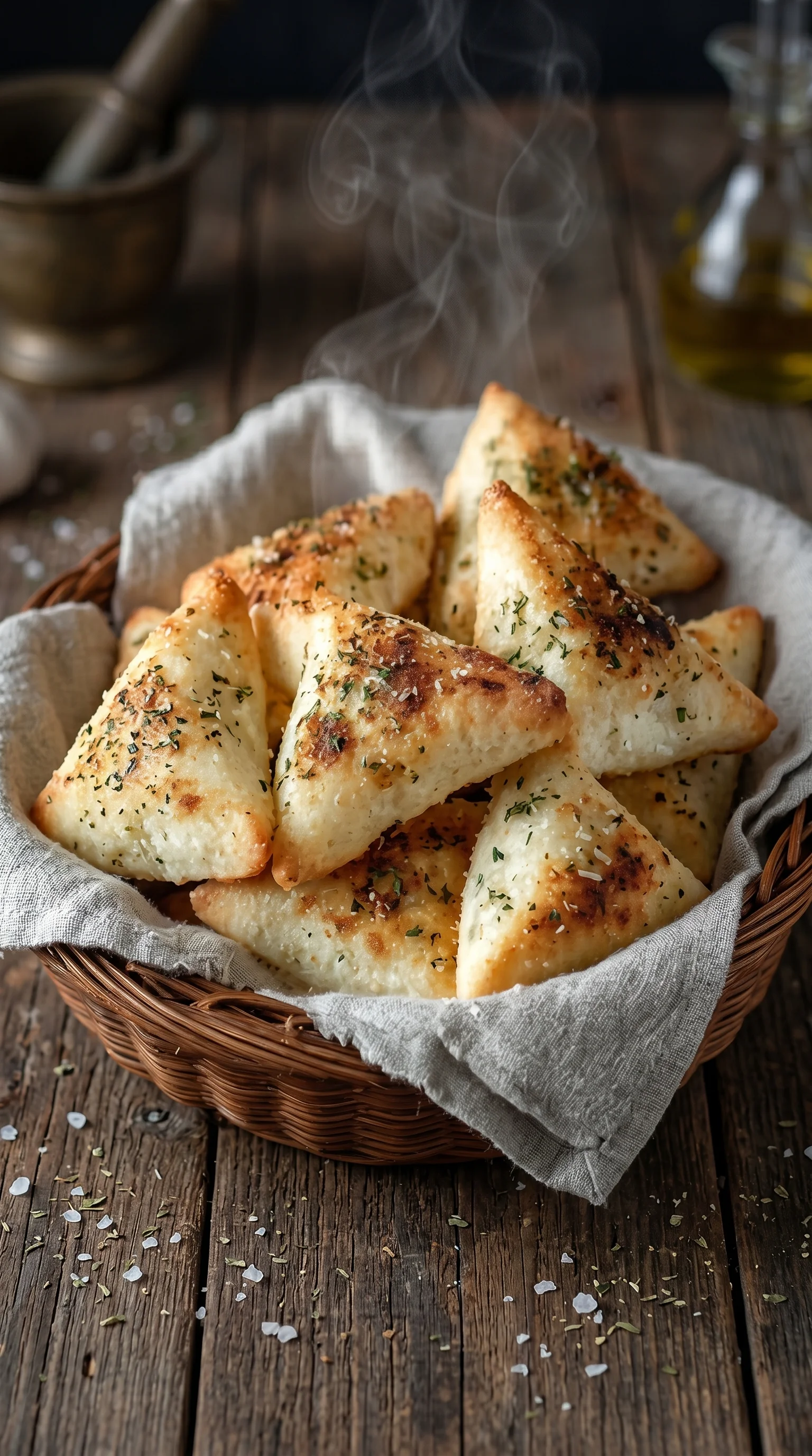 A basket of bread with herbs on top.