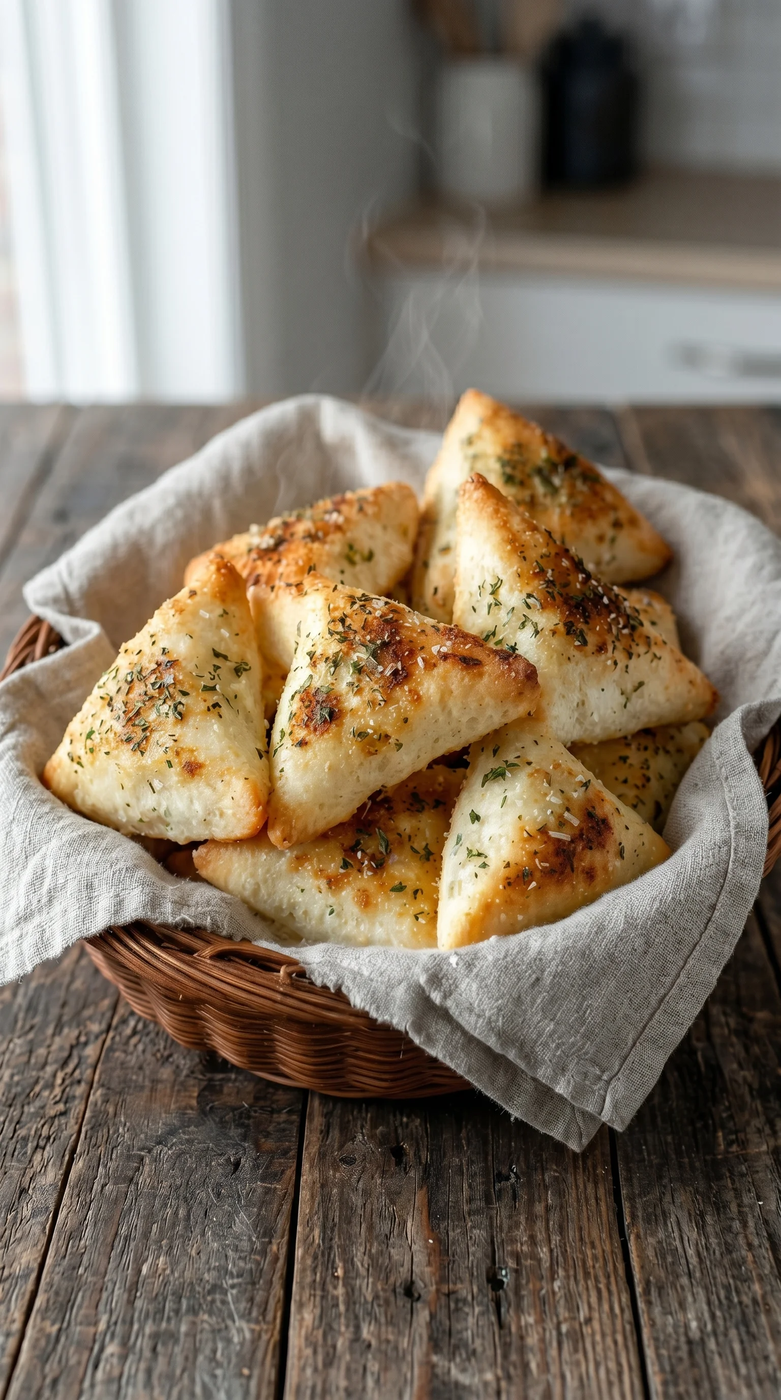 A basket of bread with herbs on top.