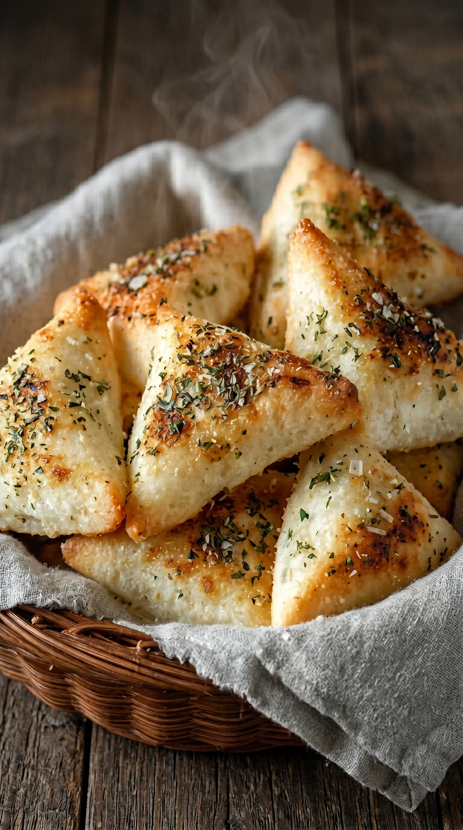 A basket of bread with herbs on top.