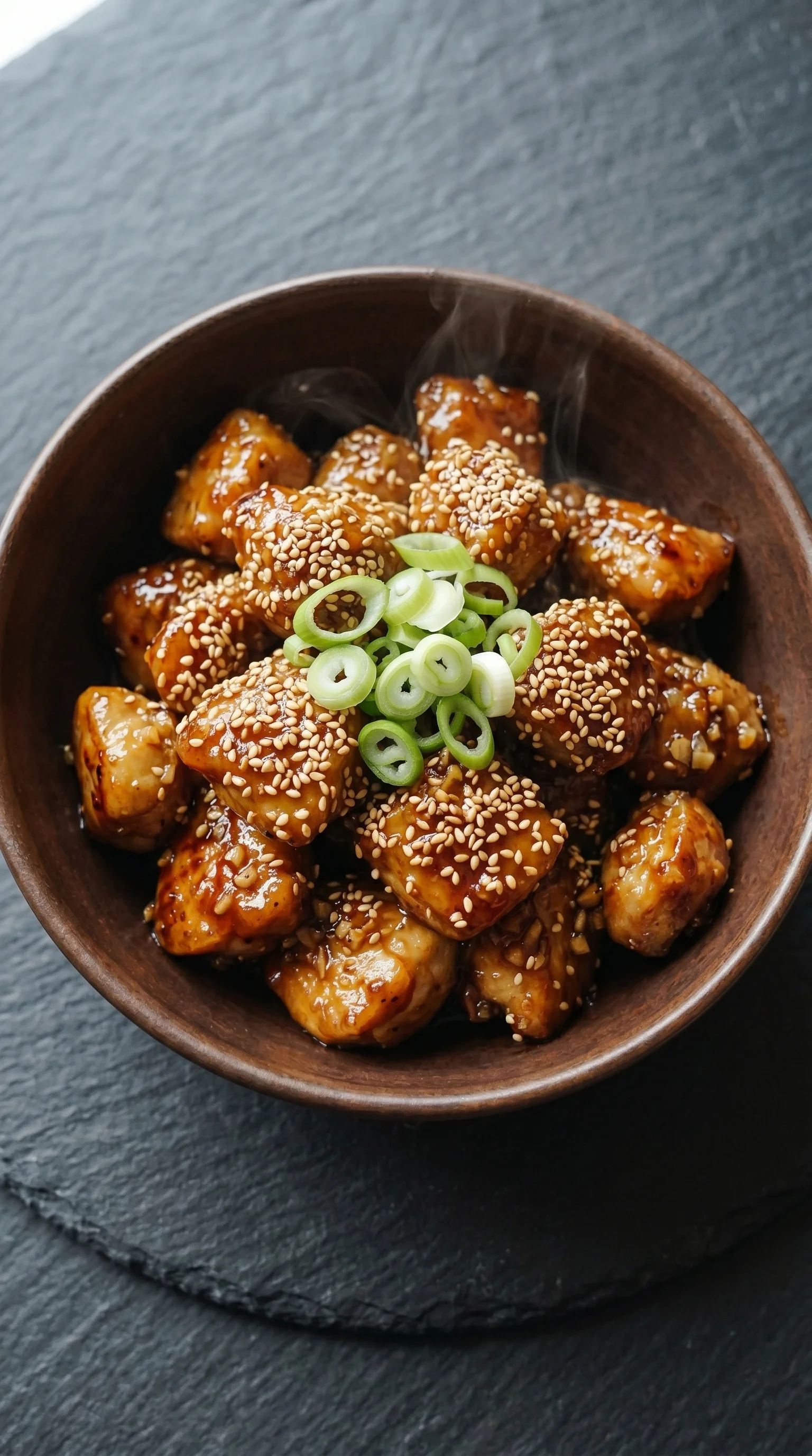 A bowl of sesame chicken with a green onion on top.