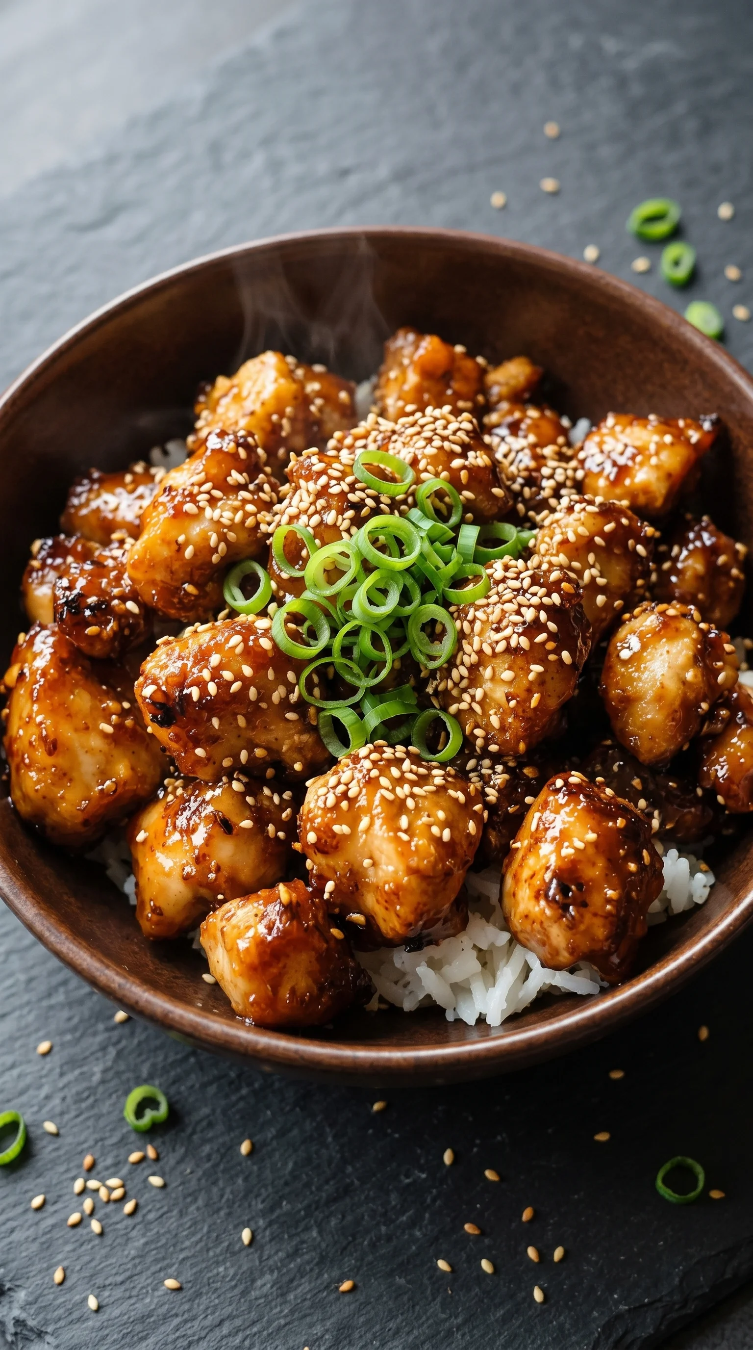 A bowl of Sesame Chicken with rice.