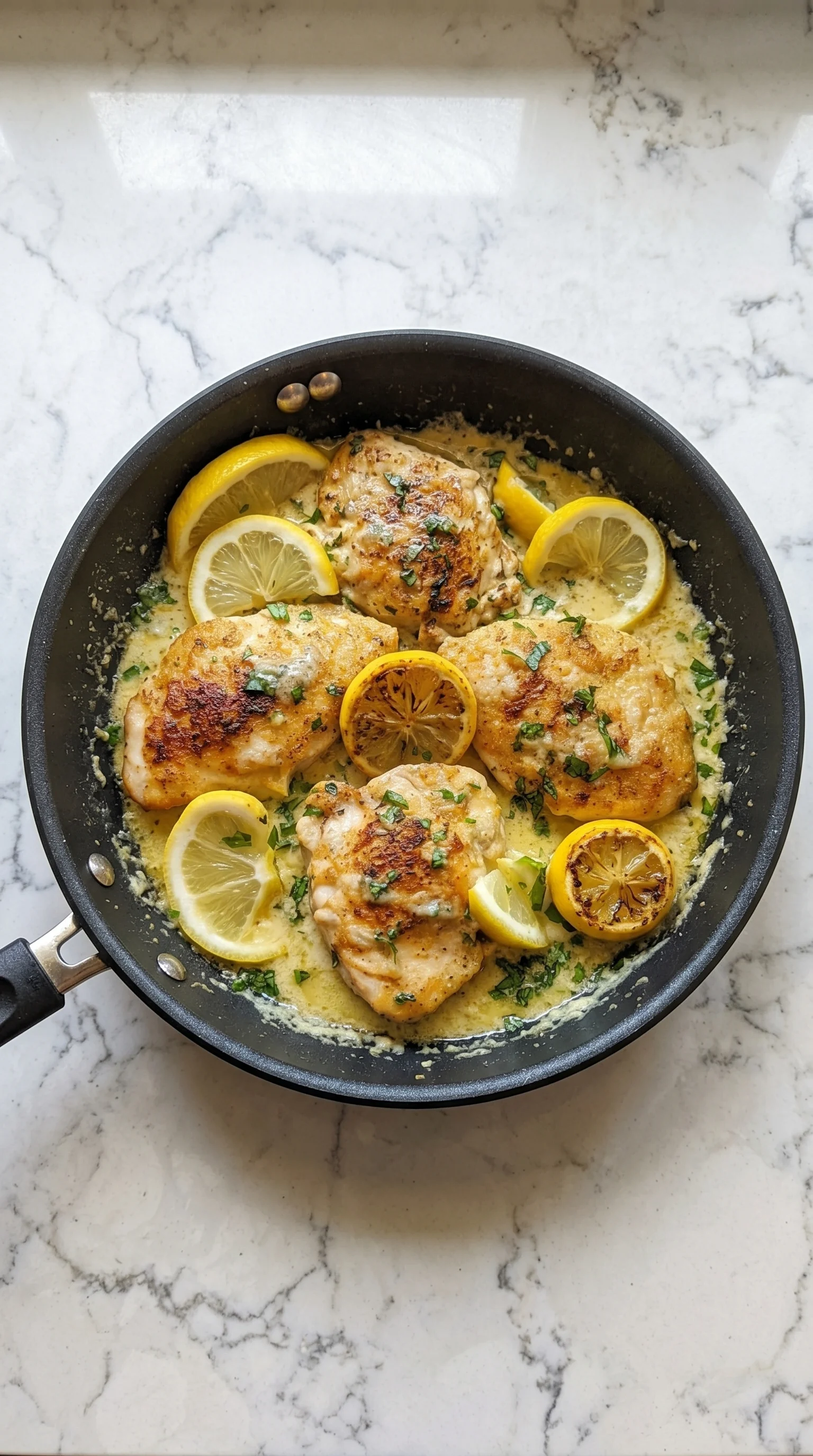 A pan of chicken with lemon slices and parmesan cheese.