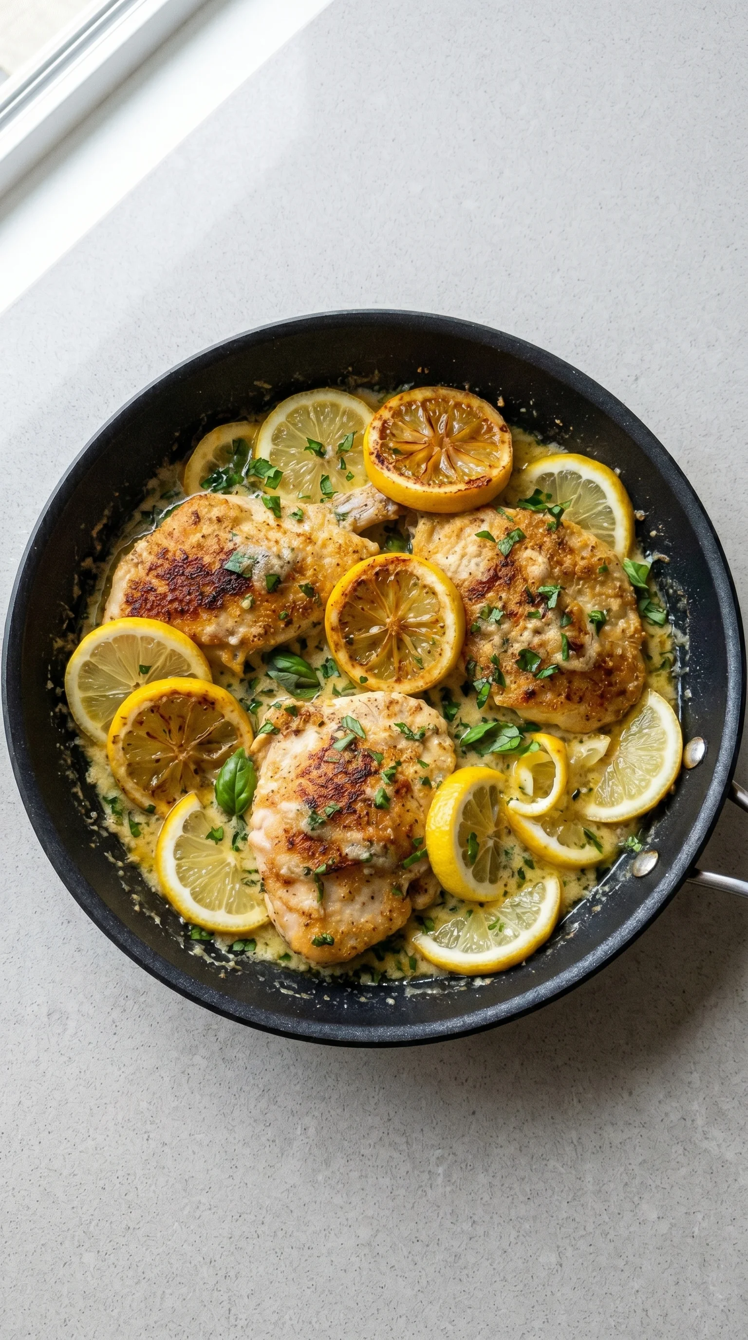 A pan of chicken with lemon slices on top.