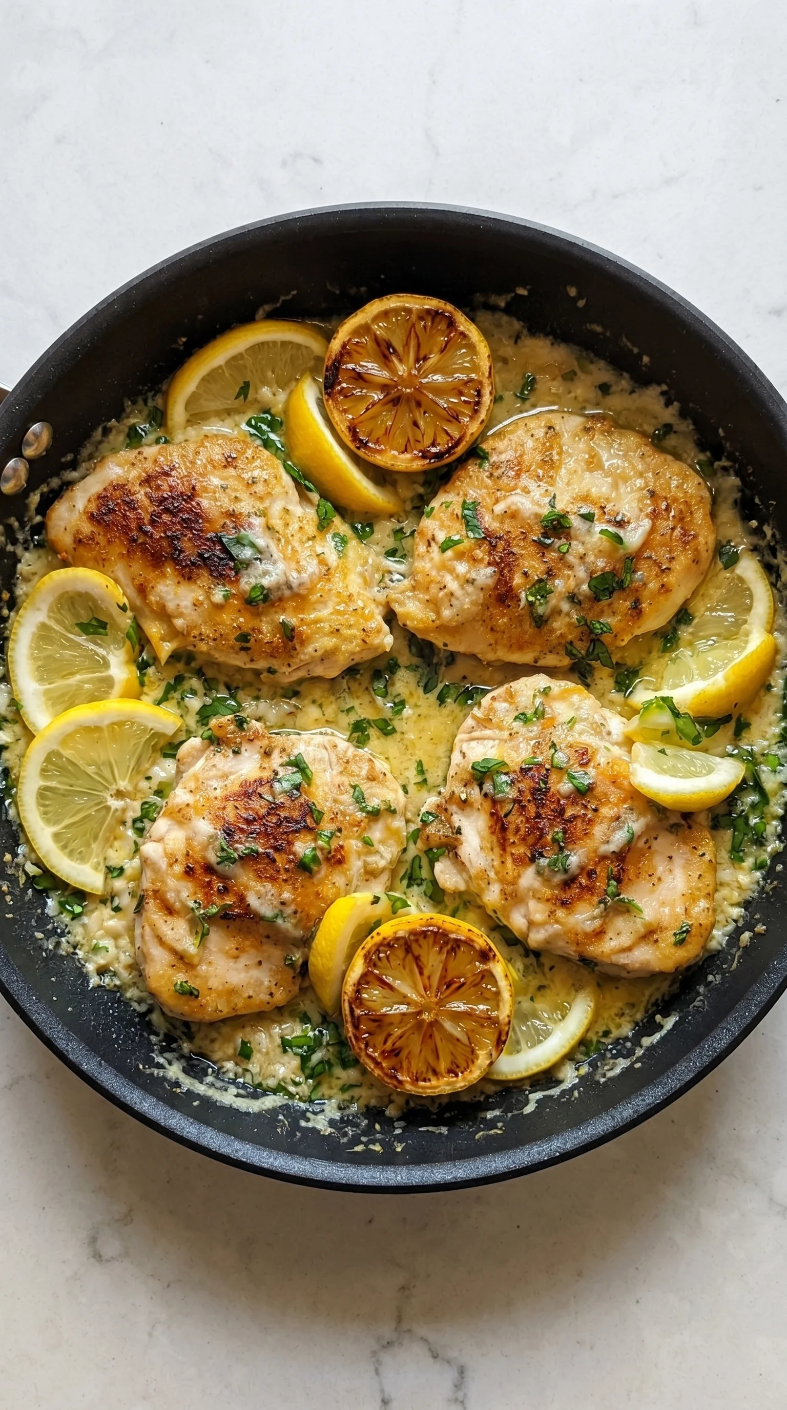 A pan of chicken with lemon slices on top.