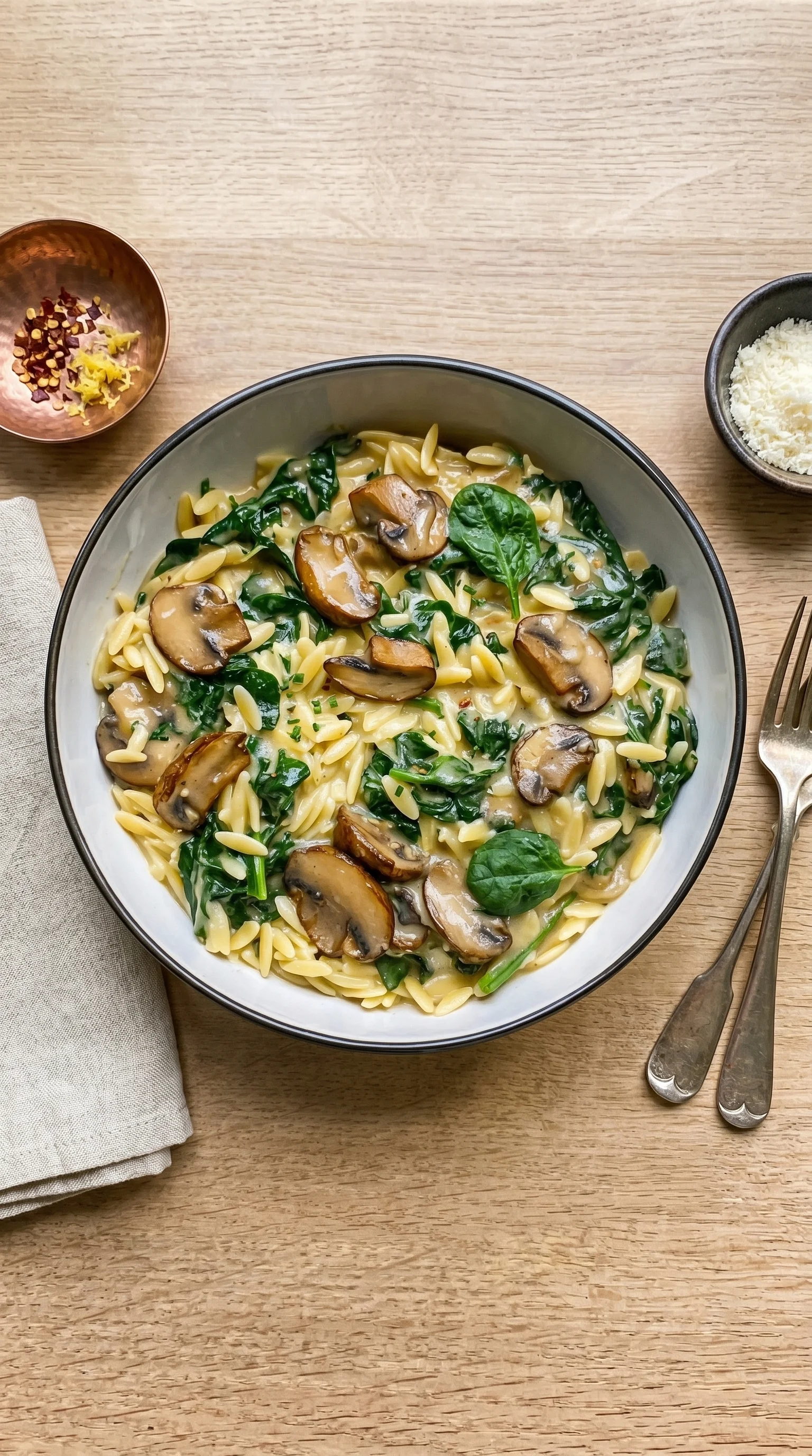 A bowl of pasta with mushrooms and spinach.