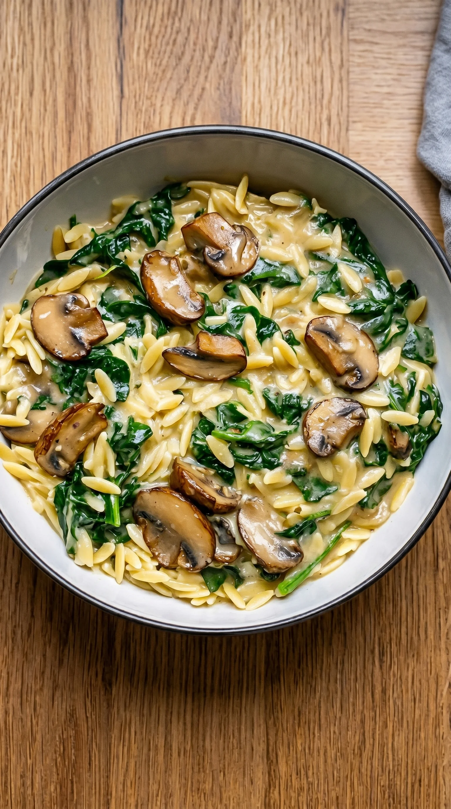 A bowl of pasta with mushrooms and spinach.
