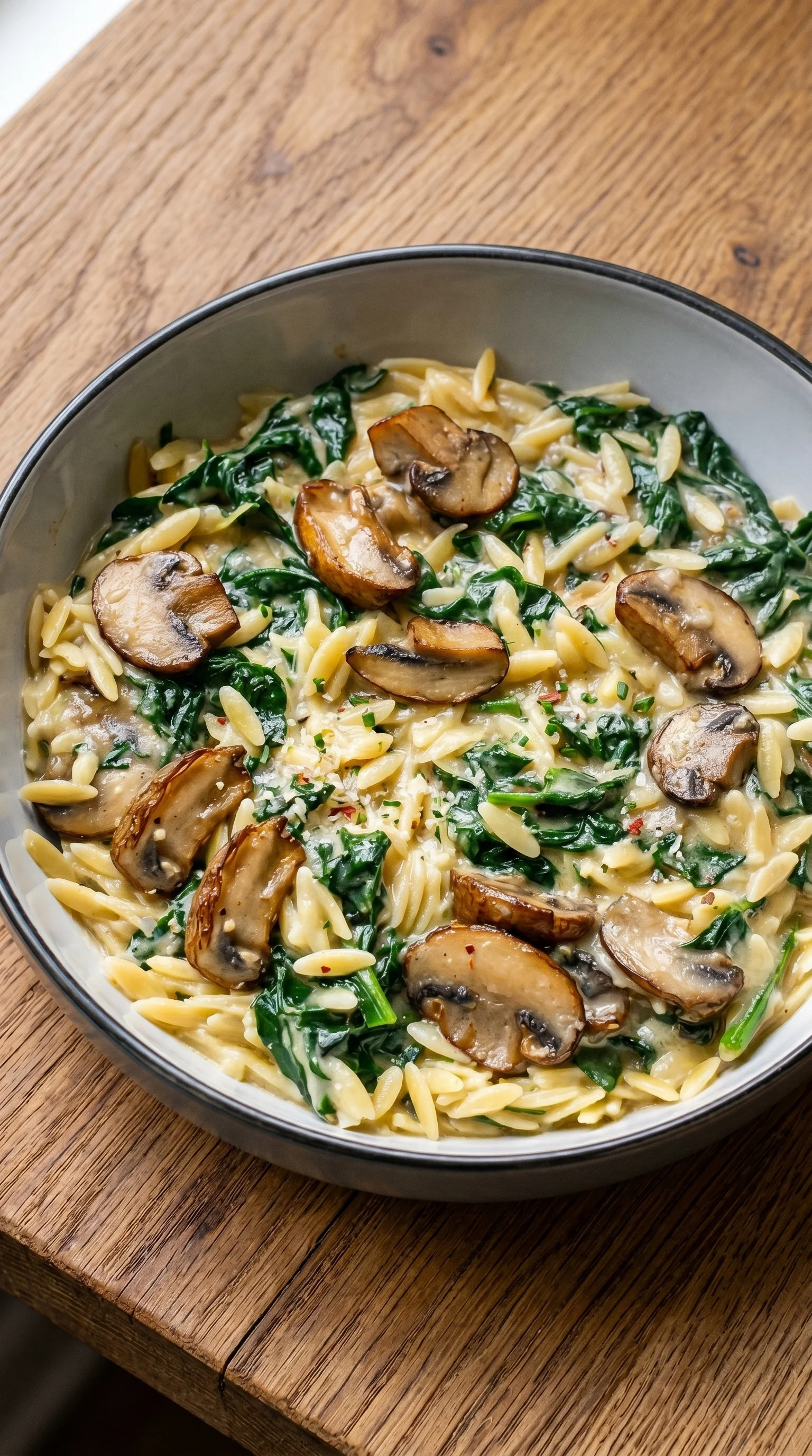 A bowl of pasta with mushrooms and spinach.