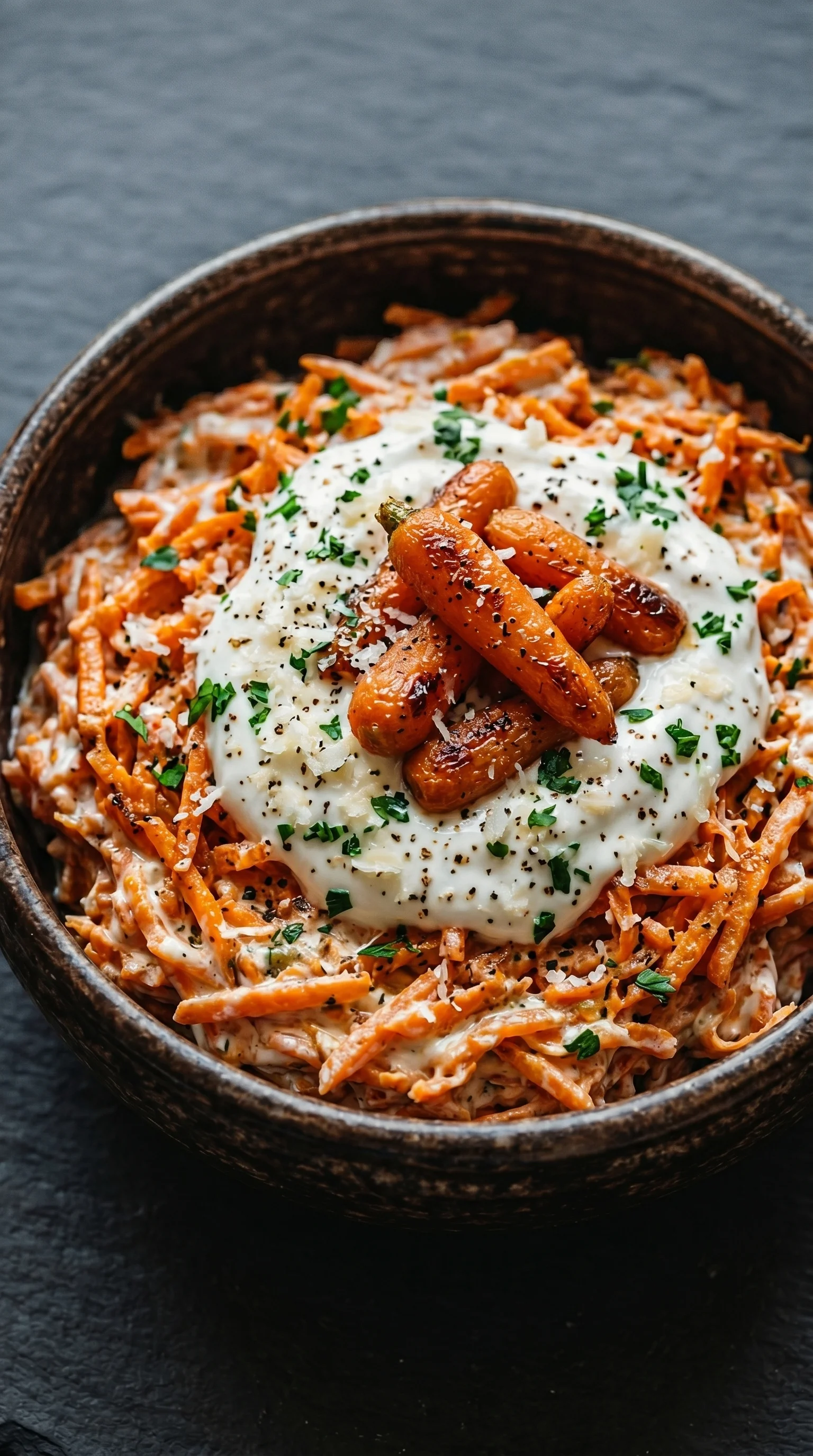 A bowl of food with carrots and cheese.
