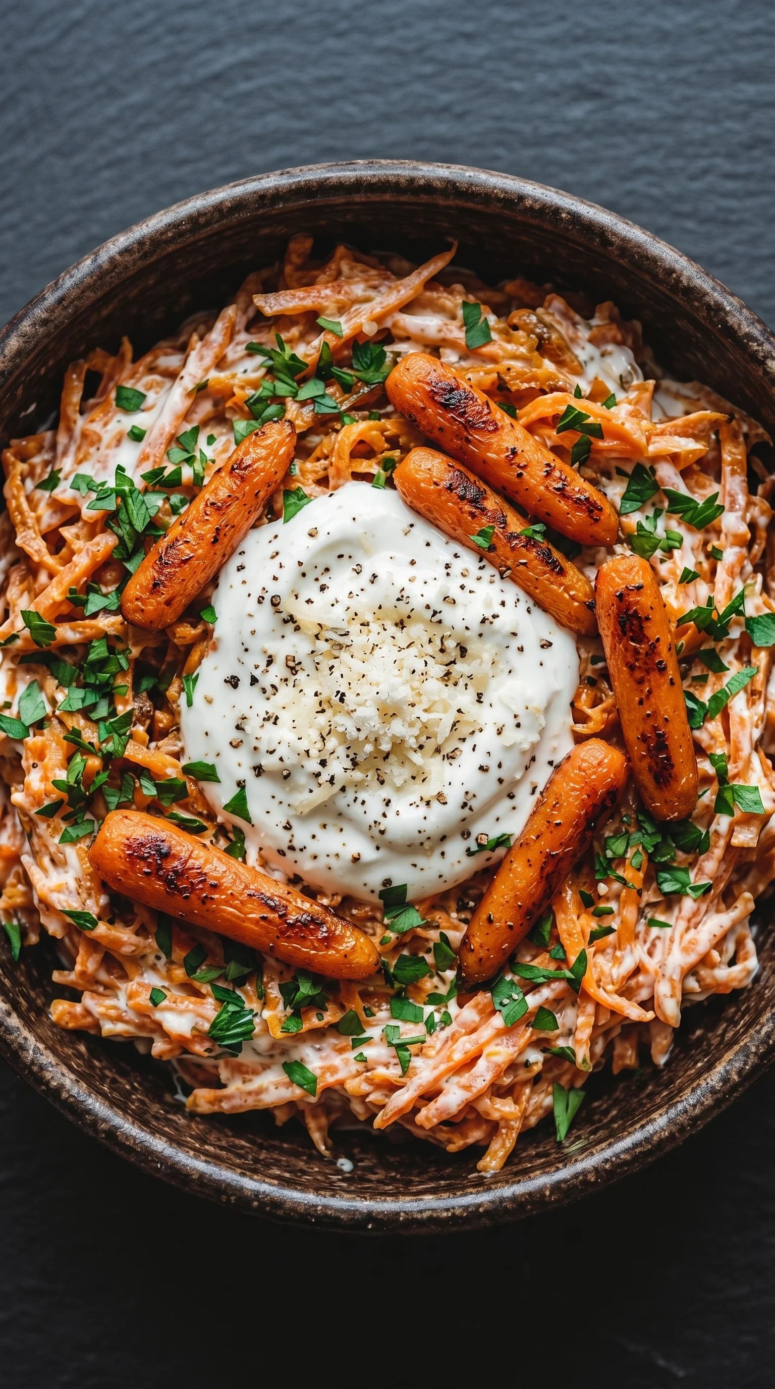 A bowl of food with carrots and white sauce.