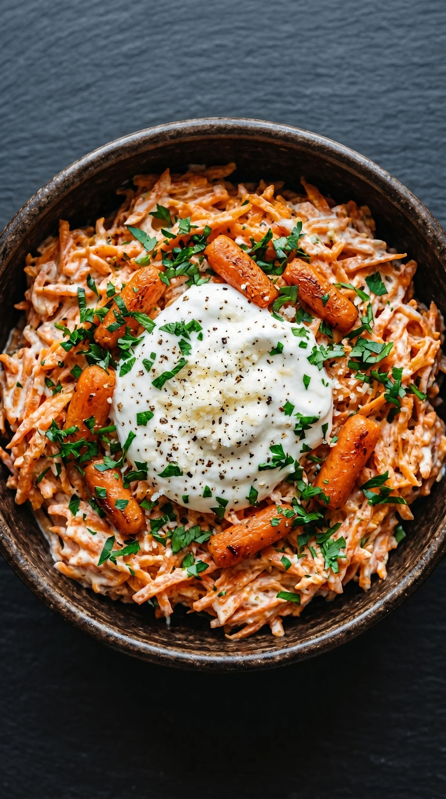 A bowl of turkish carrot salad with a dollop of sour cream on top.