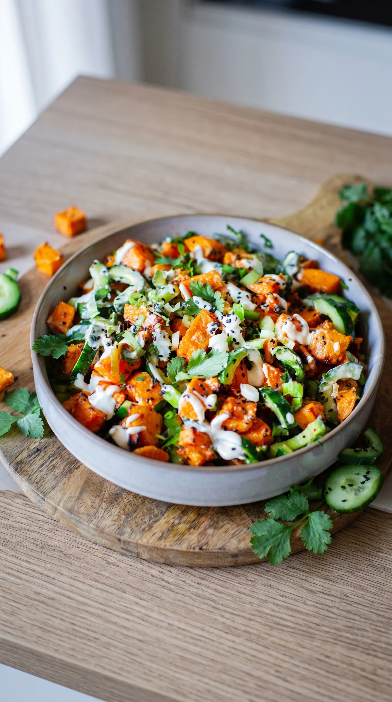 A bowl of sliced sweet potatoes with a creamy dressing.