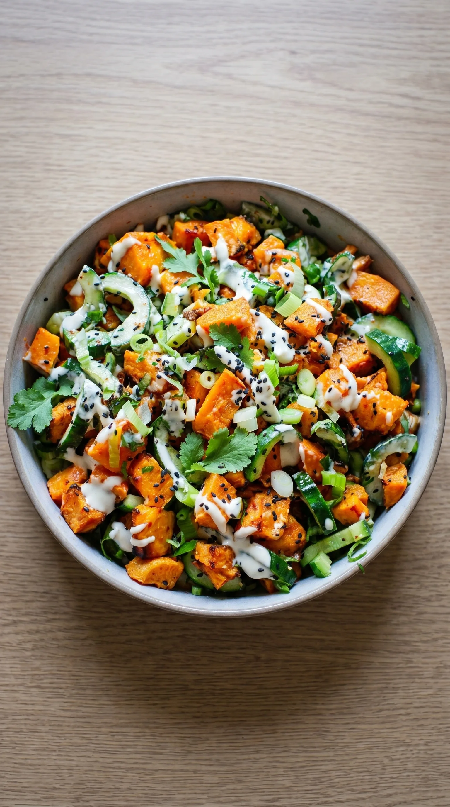 A bowl of food with a creamy dressing.