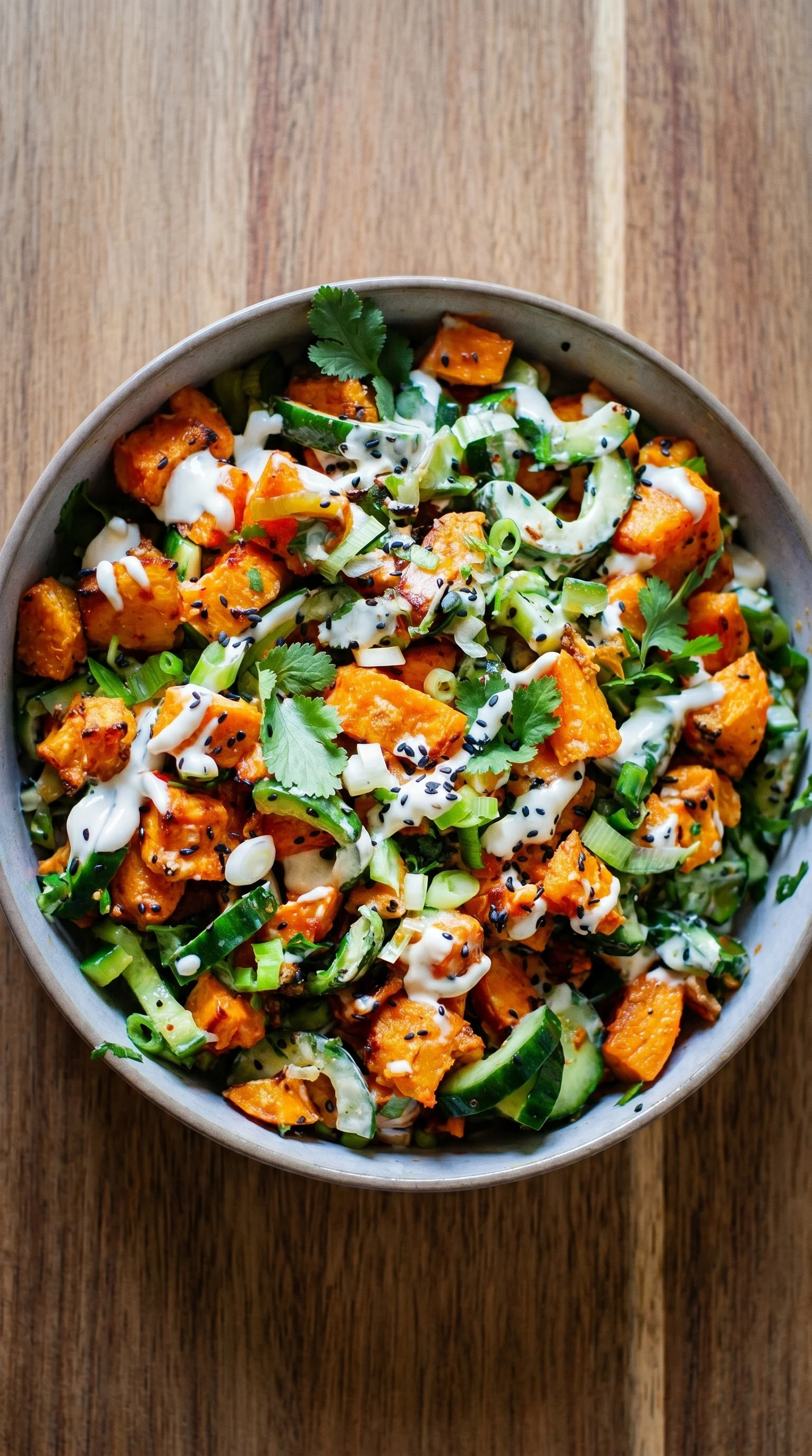A bowl of food with a creamy dressing.
