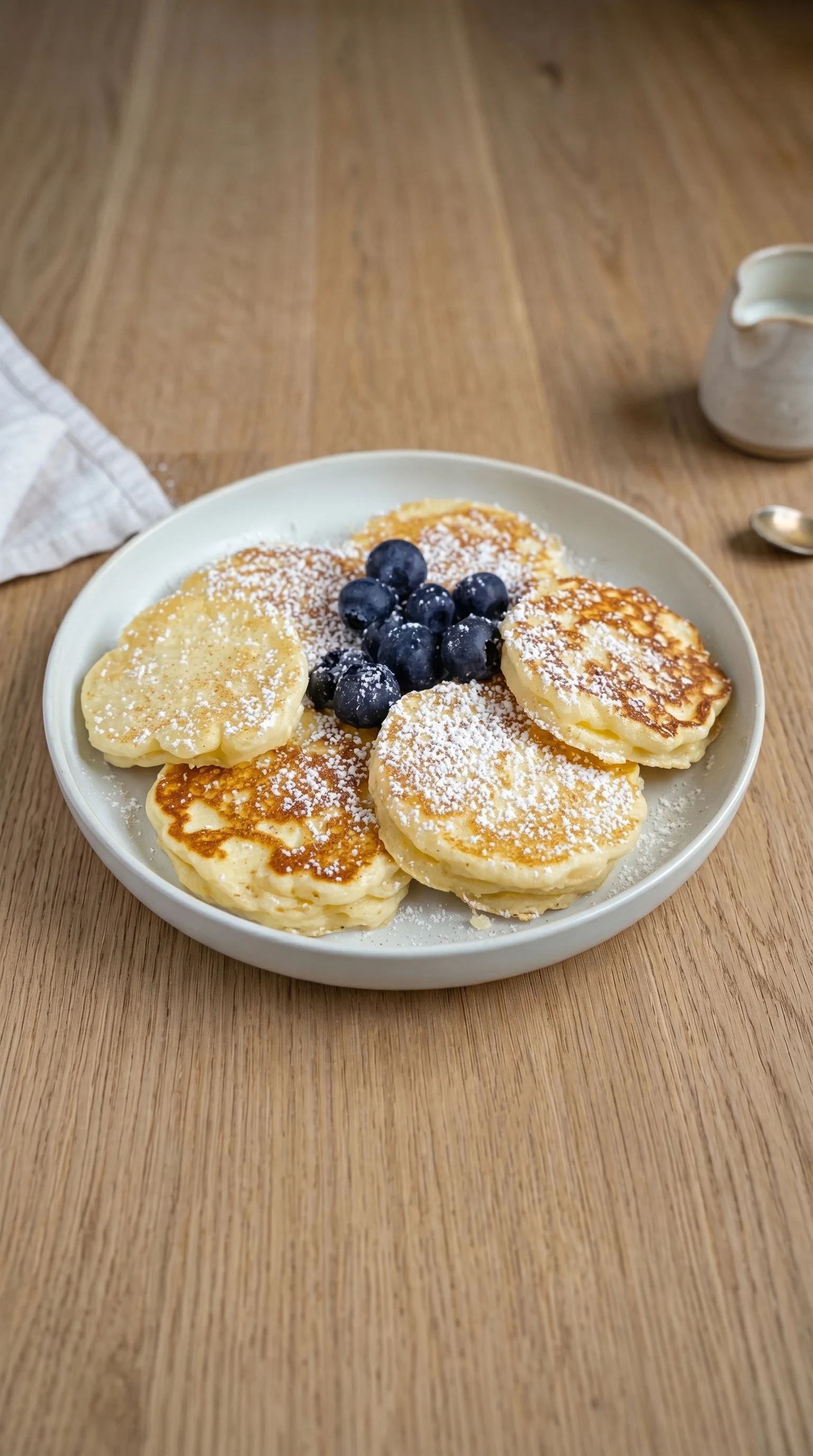 A plate of food with powdered sugar and blueberries.