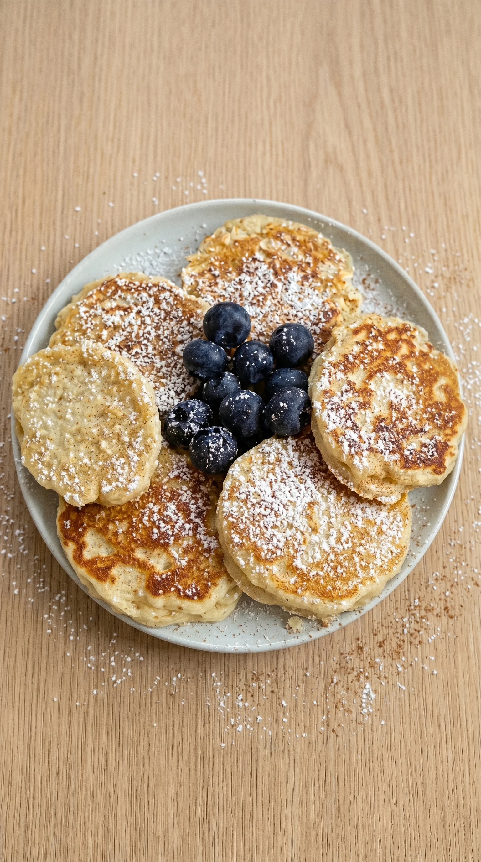 A plate of food with powdered sugar and blueberries.
