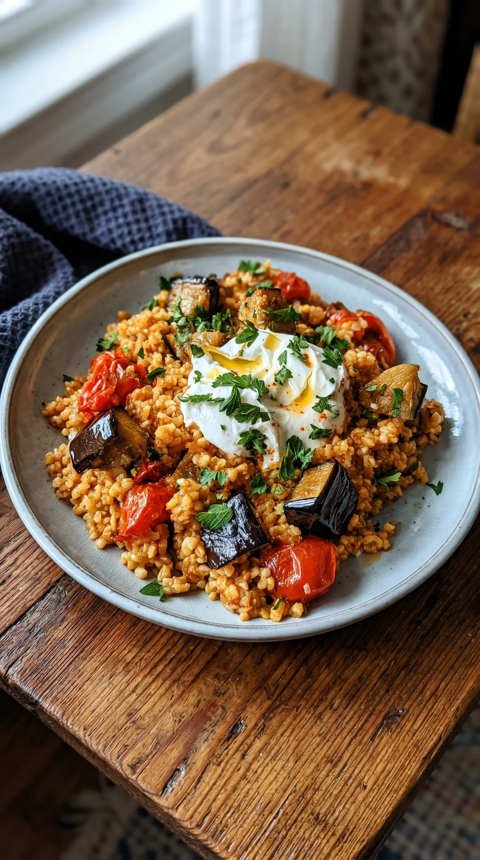 A plate of food with tomatoes, eggplant, and rice.
