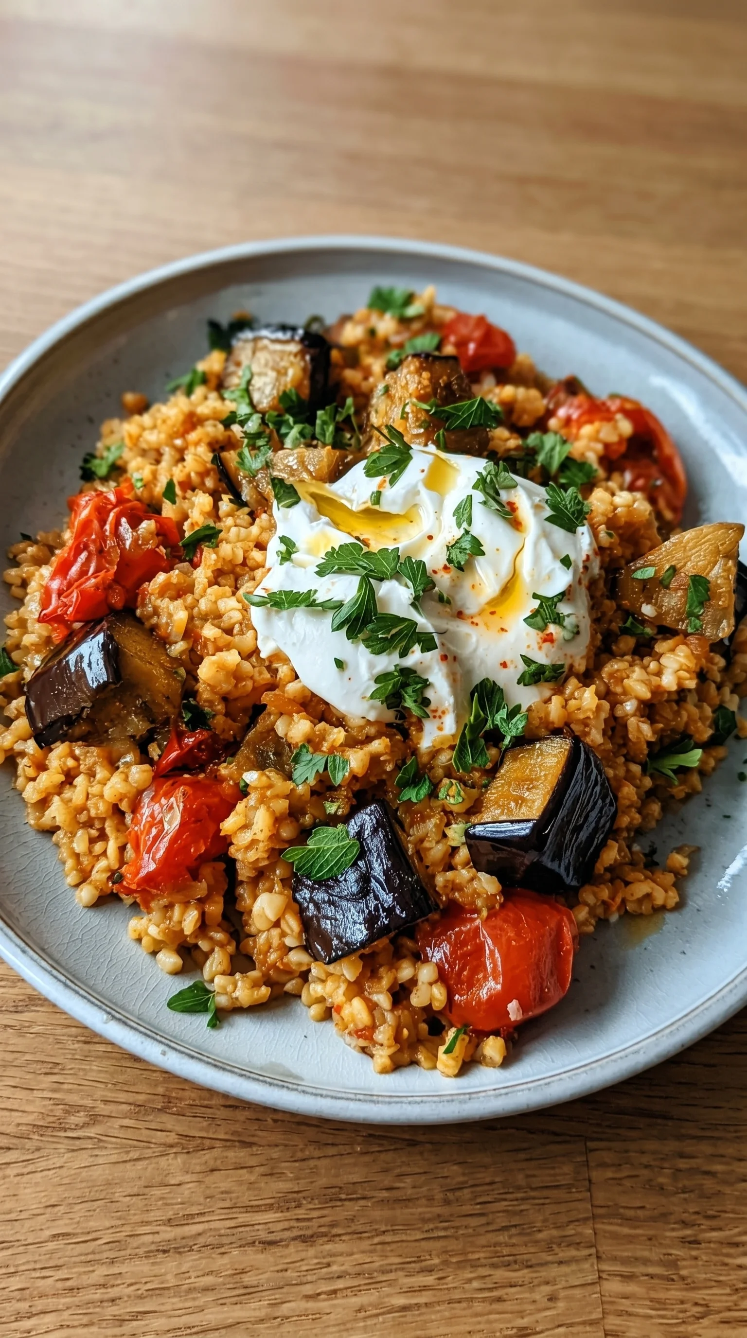 A plate of rice with tomatoes, mushrooms, and cheese.