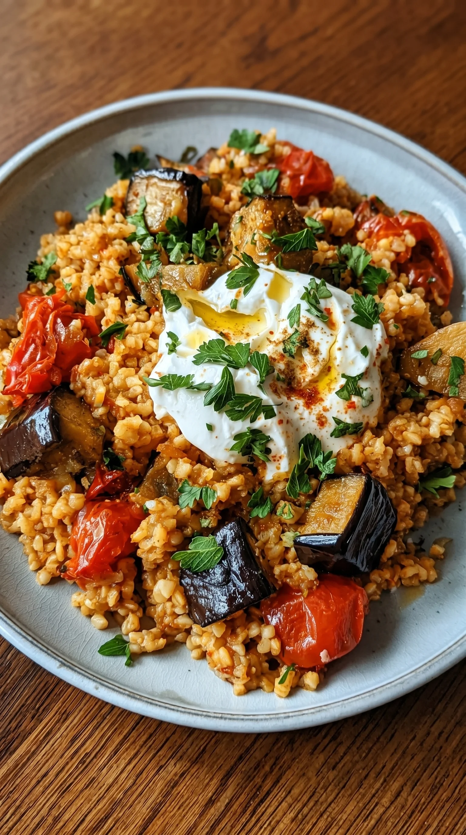 A plate of rice with tomatoes, eggplant, and feta cheese.