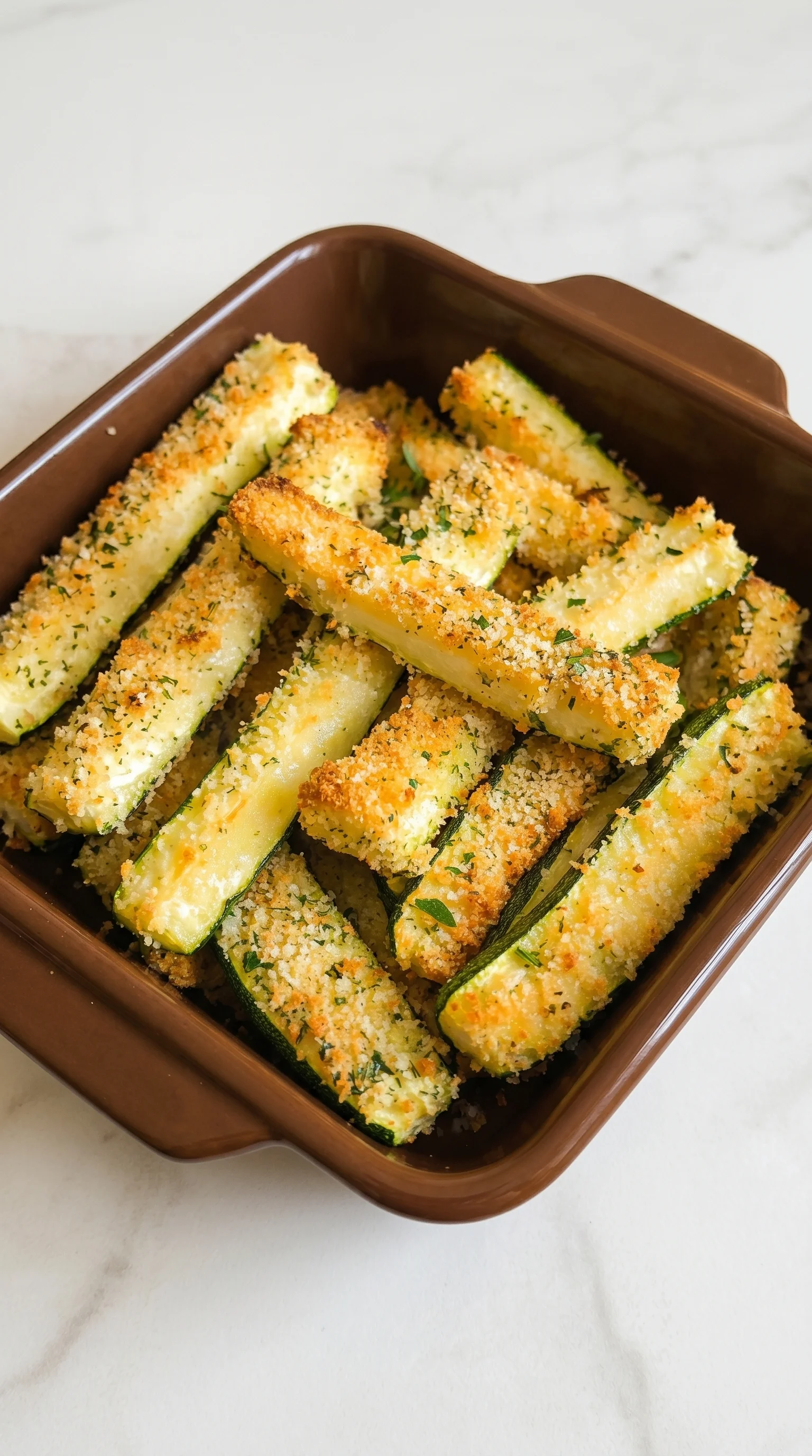 A dish of breaded zucchini sticks with parmesan cheese and crushed parsley.