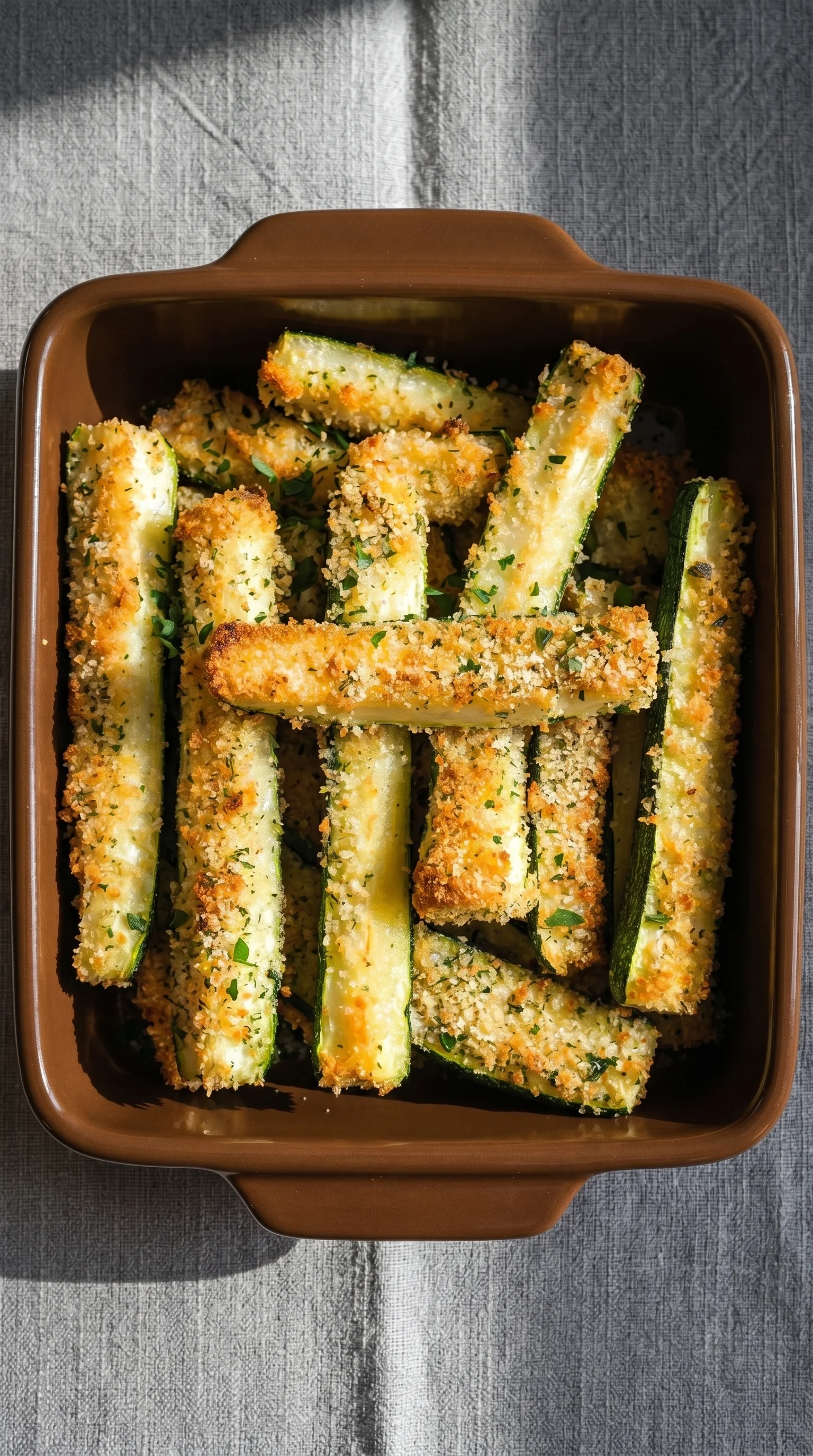 A dish of breaded zucchini sticks with parmesan cheese.