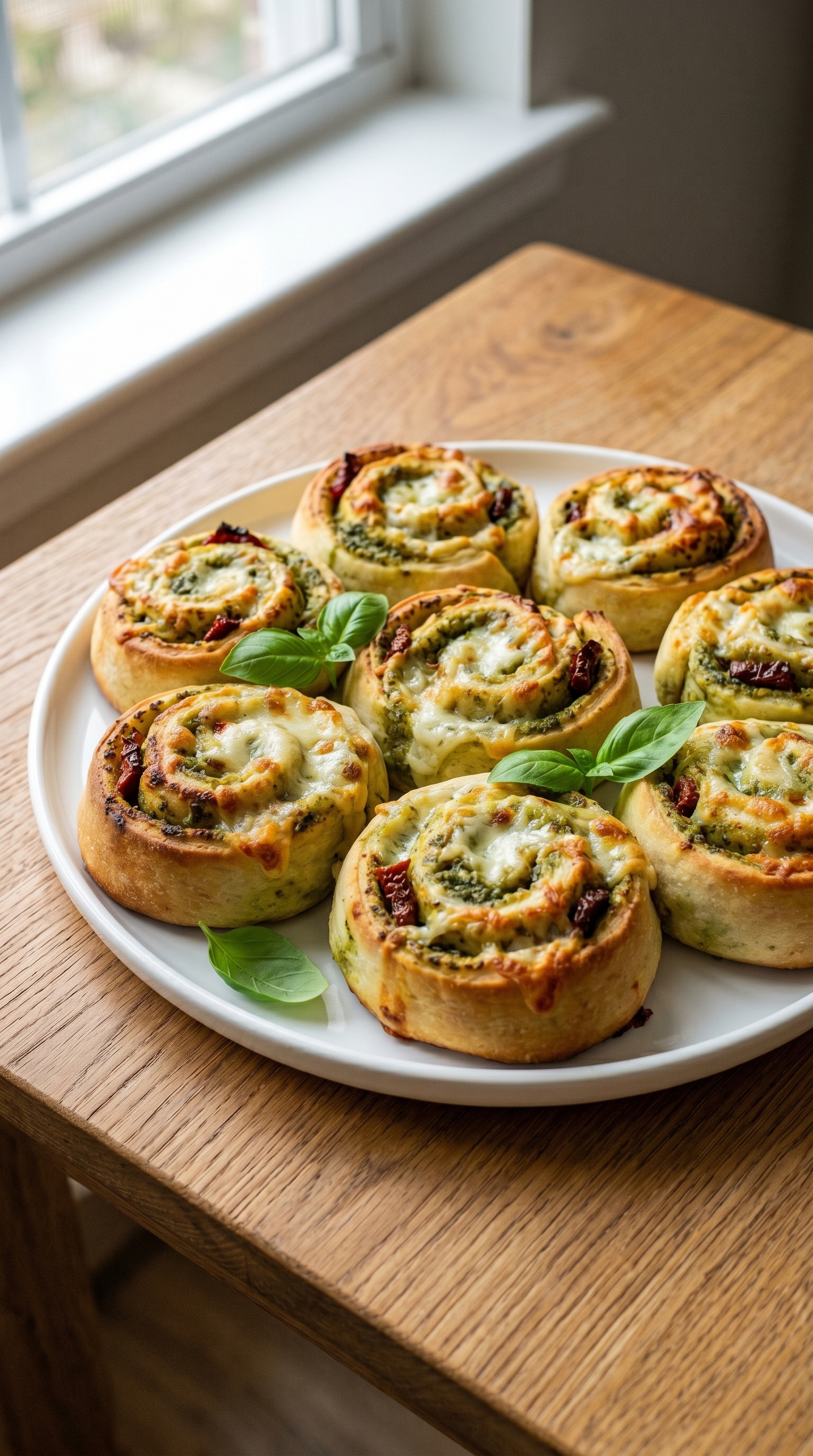 A plate of mini pizzas with spinach and cheese.