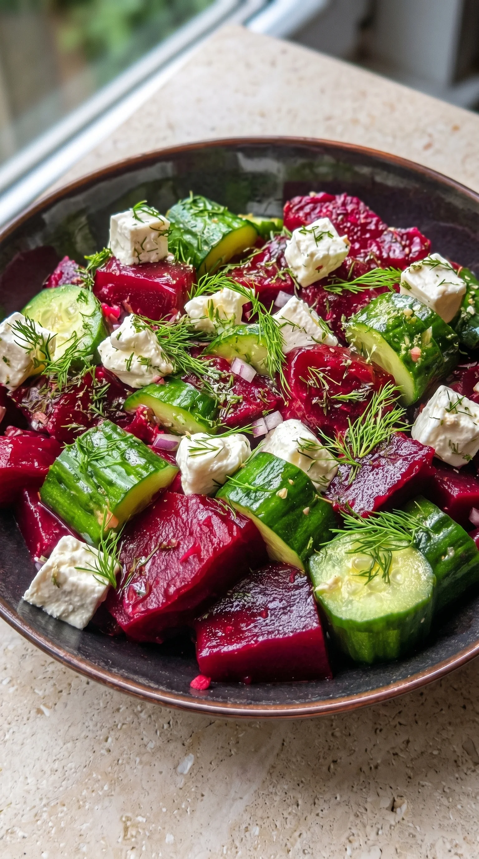 A bowl of red beets with feta cheese and cucumbers.