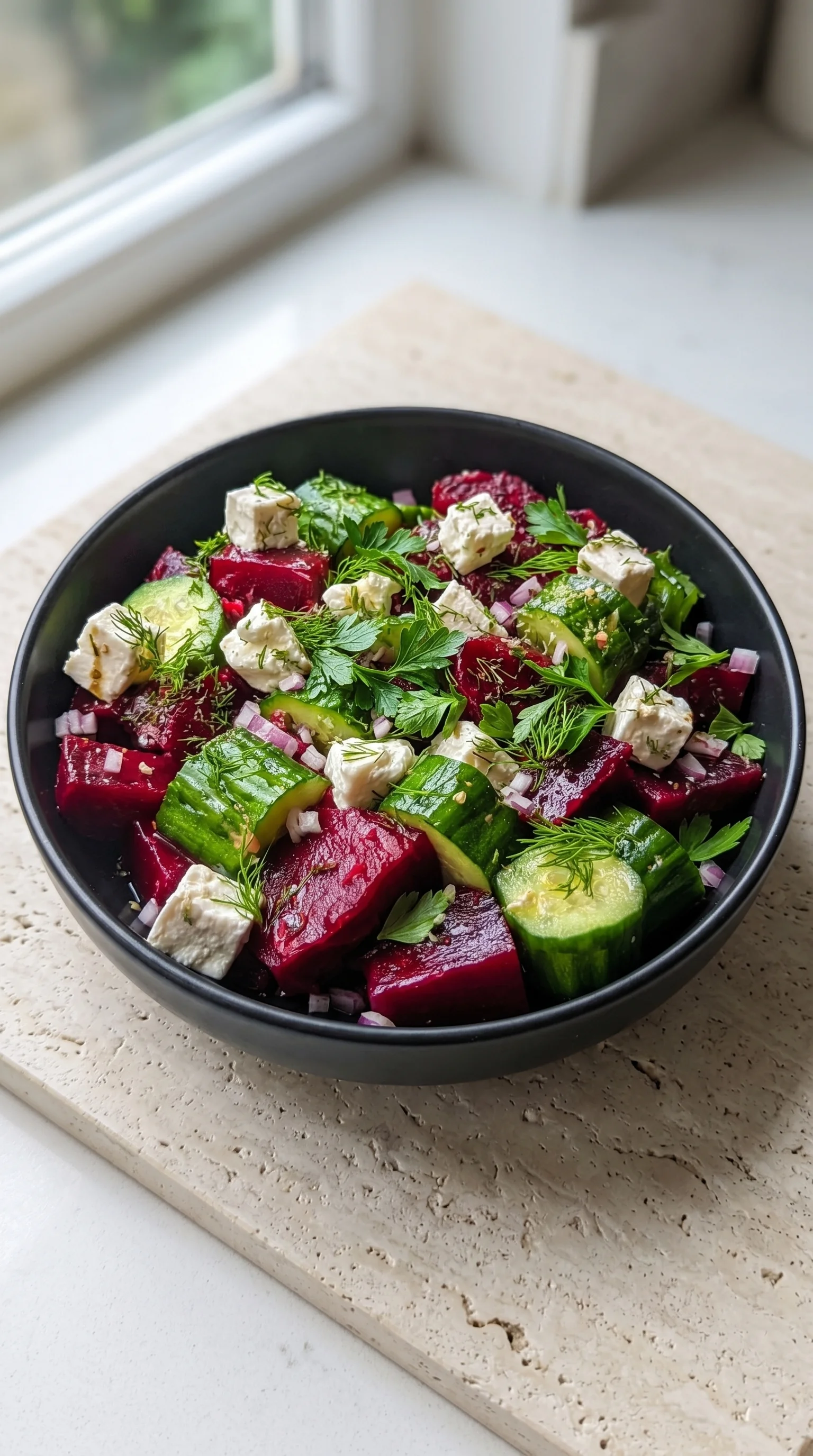 A bowl of red beets, cucumbers, and feta cheese.